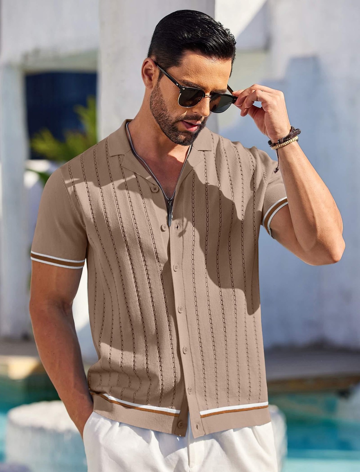 Mens Knit Button Up Shirts Short Sleeve Wedding Yoga Camp Beach Shirts Dark B…