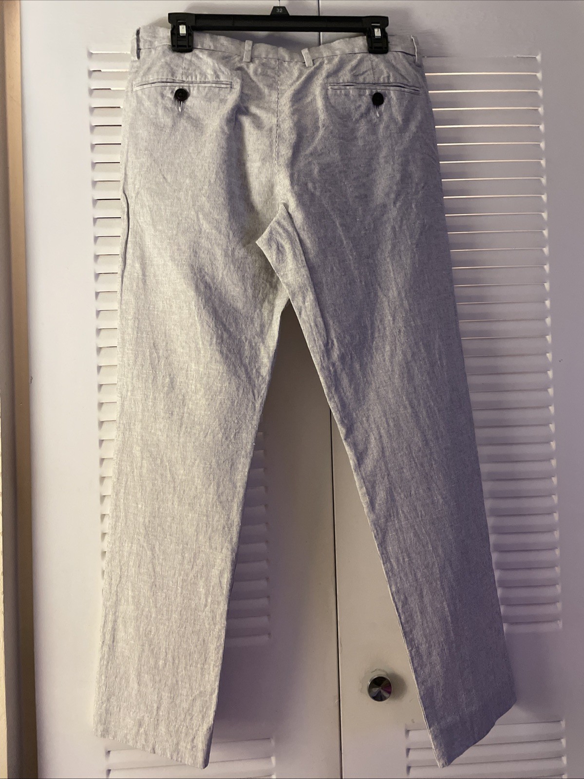 J.Crew Slim Bowery Pant Mens 30×30 WhiteBlue Stripe Linen Cotton Flat Front