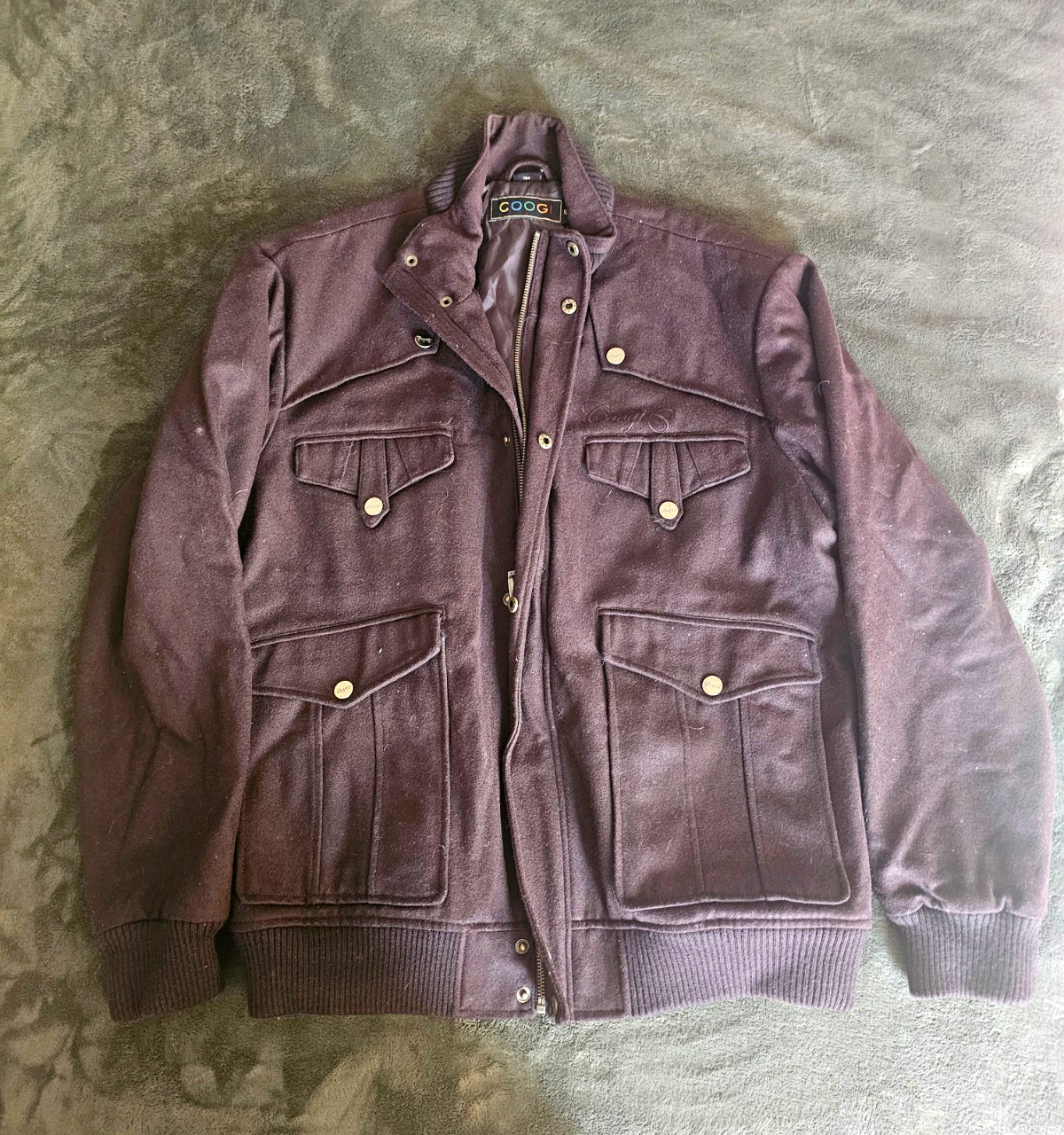 COOGI Men’s Brown Bomber Jacket Stand-Up Collar Zip/Button Front Pockets 2XL