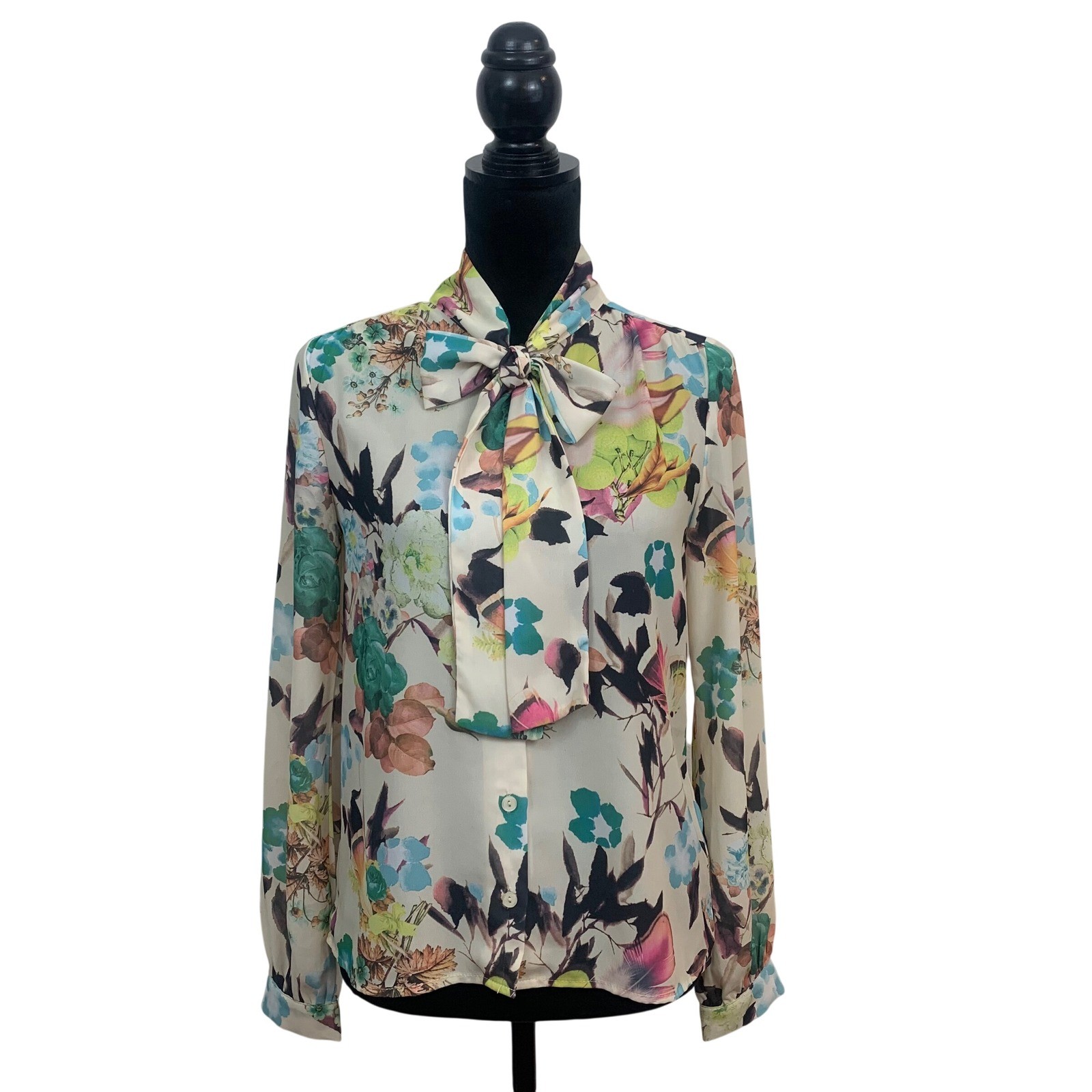 The Moon Womens S Floral Pussybow Blouse Multi Color Bloomcore Tie Neck Garden