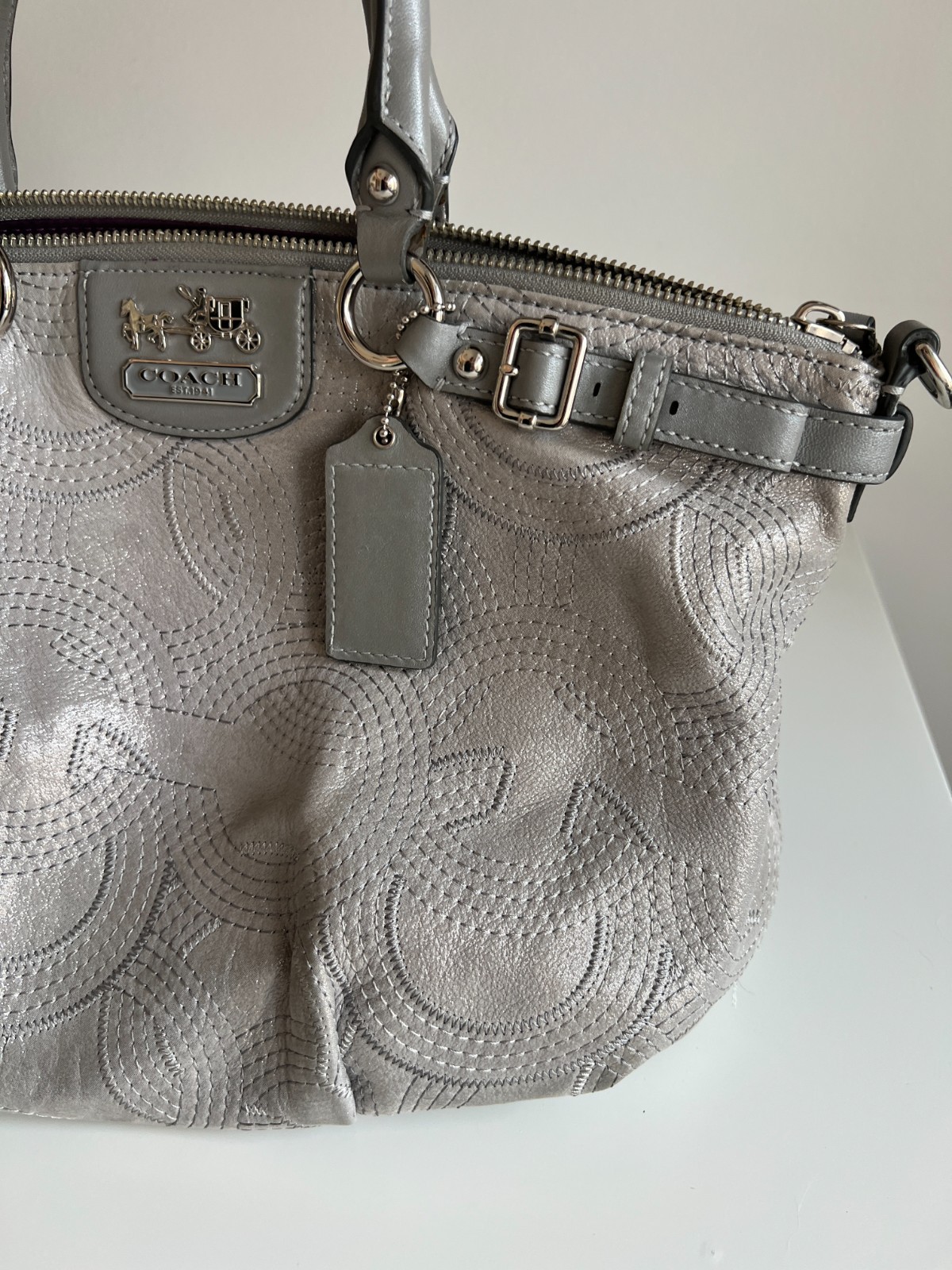 Coach 18624 Madison Sophia Stitched OpArt Satchel Handbag Satin Silver Metallic