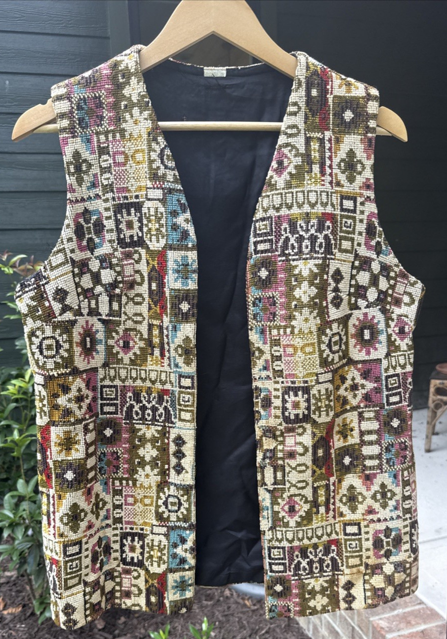VTG 60s Bohemian Hippie Tapestry Vest Boho Style Sz L/XL Evil Eye