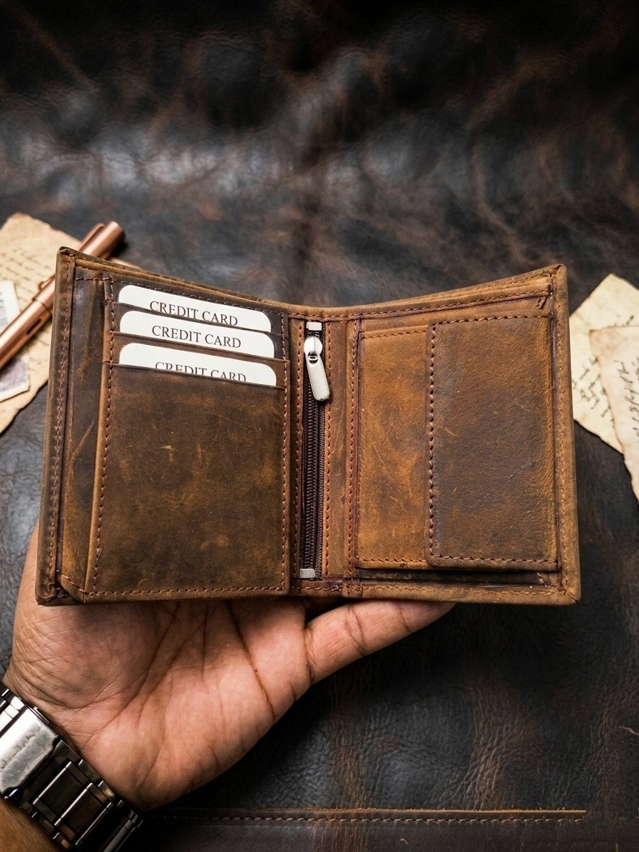Vintage Brown Knp Leather Trifold Wallet Zipper Coin Pocket Card Holder..