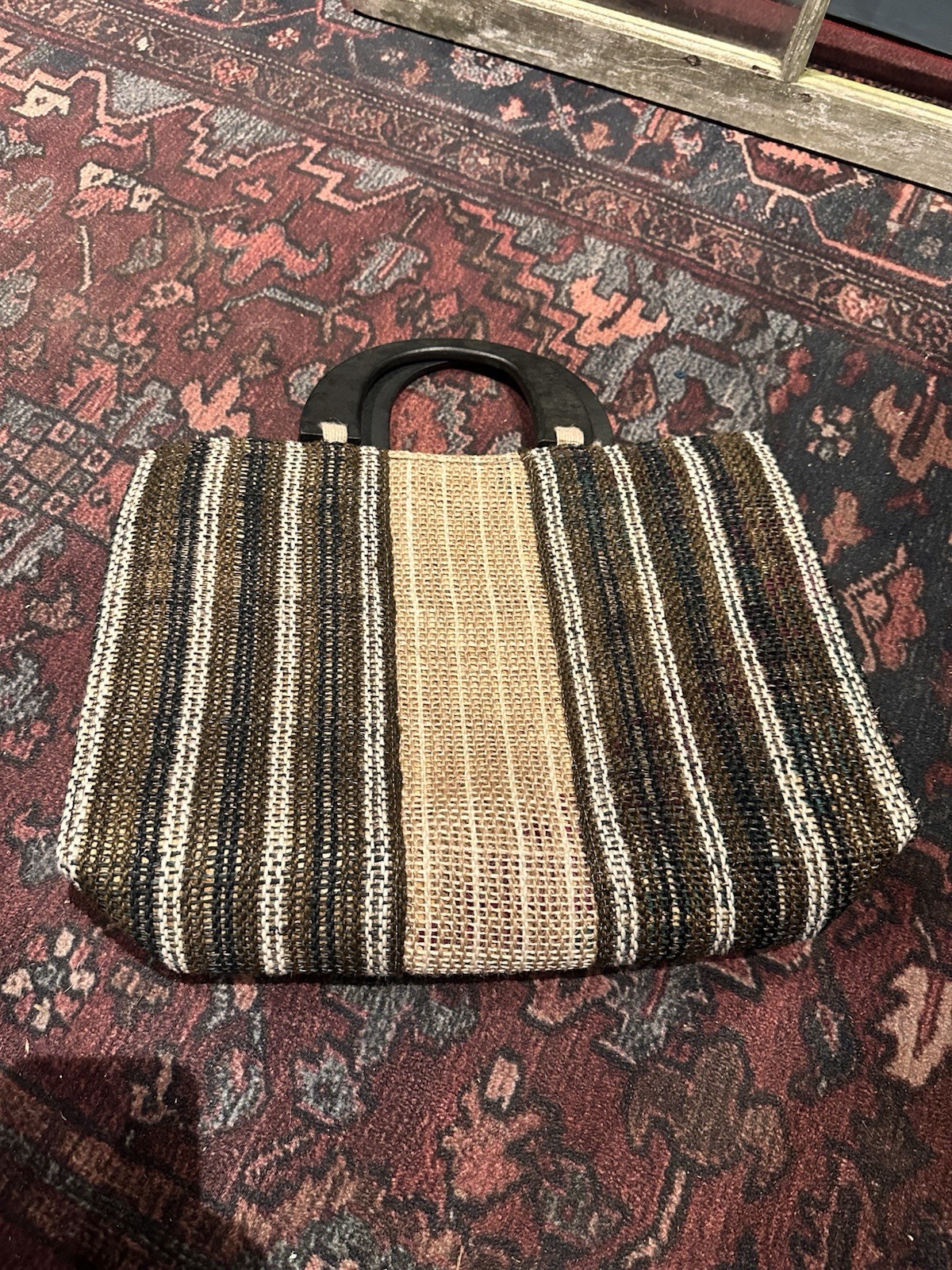 Jamaican Striped Bohemian style Tote w/ wood Handle & a Strap, Zips w/ Pocket