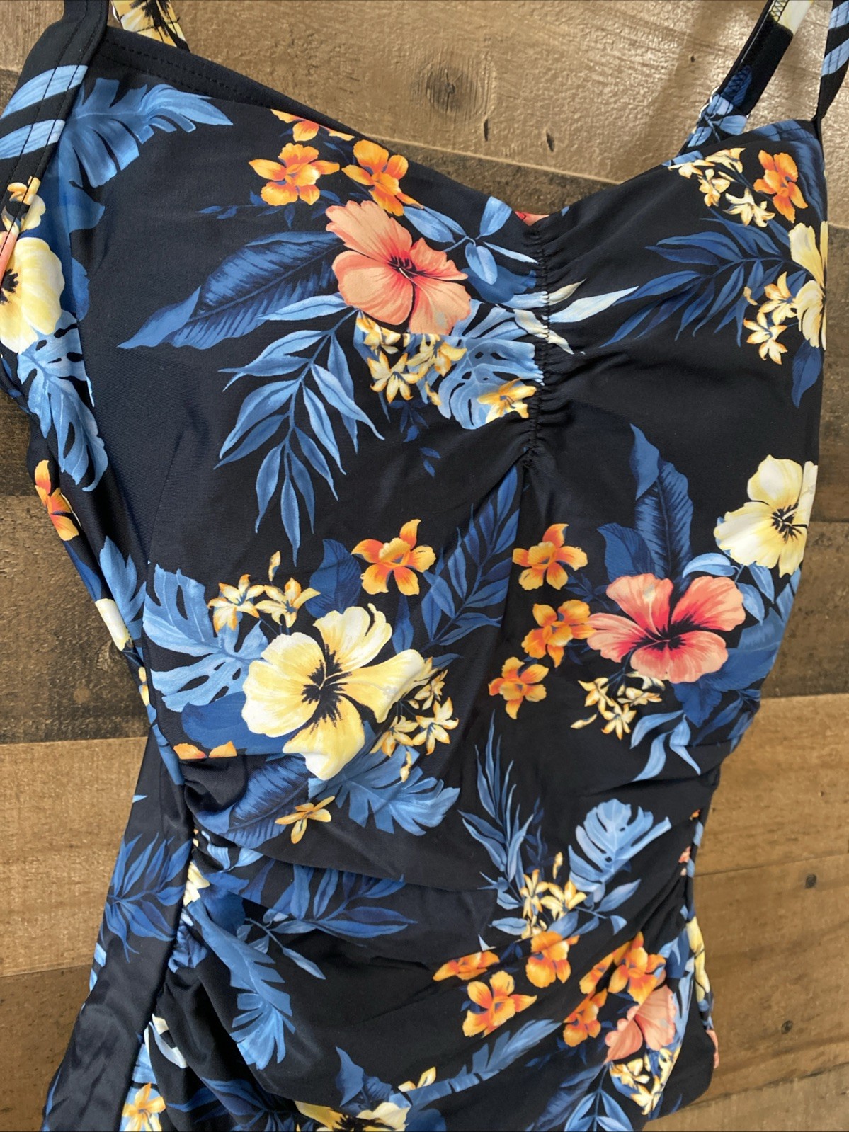 Lands’ End Ruched Sweetheart One Piece Swimsuit Black Tropical Size S 6-8 New