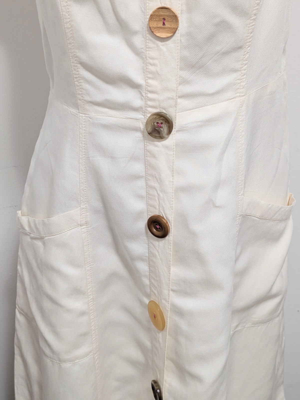 Anthropologie Cream button Front Midi Dress Linen Blend 10 Beachy Cortage Preppy