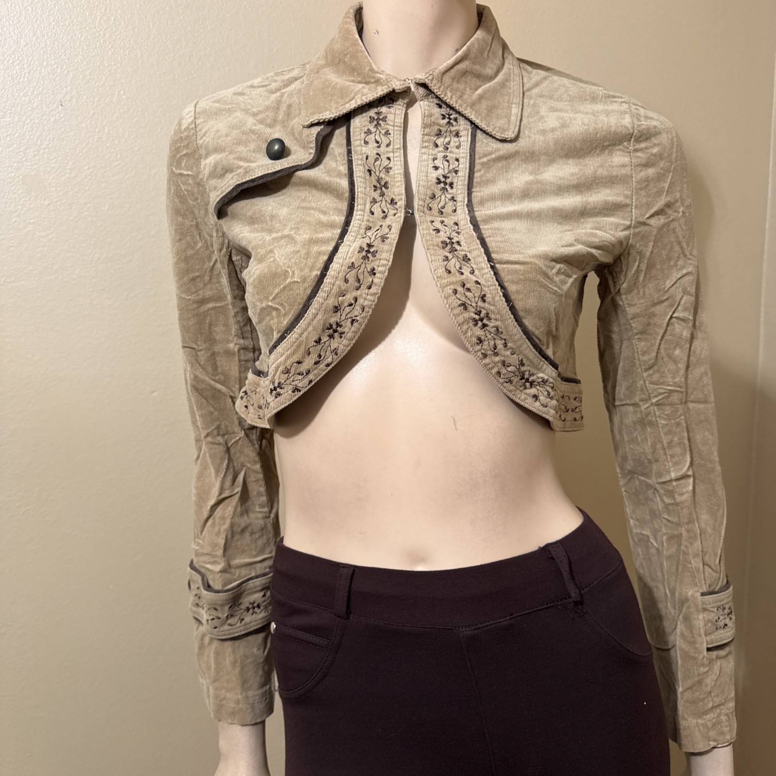 Women’s Beige Cotton Velvet Casual Embroidered Hooks Size L Short Jacket Cape