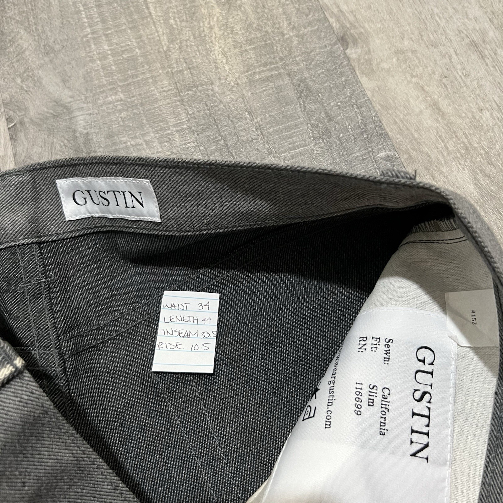 GUSTIN California Slim Gray Raw Denim Jeans Men’s Selvedge Button Fly Size 34