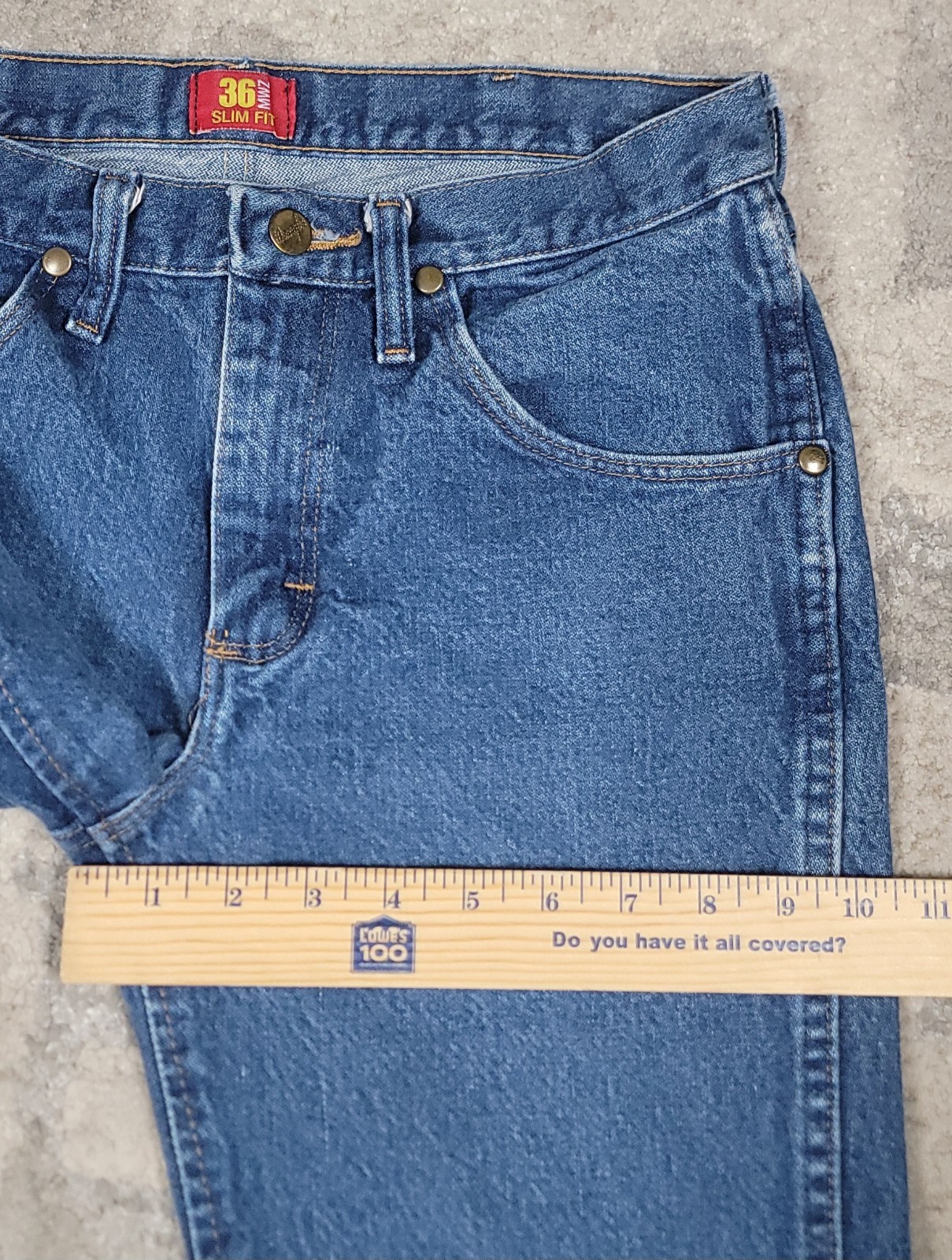 WRANGLER 36 MWZ Logo Slim Fit Men’s Cowboy Cut Blue Demin Jeans Sz 29×32