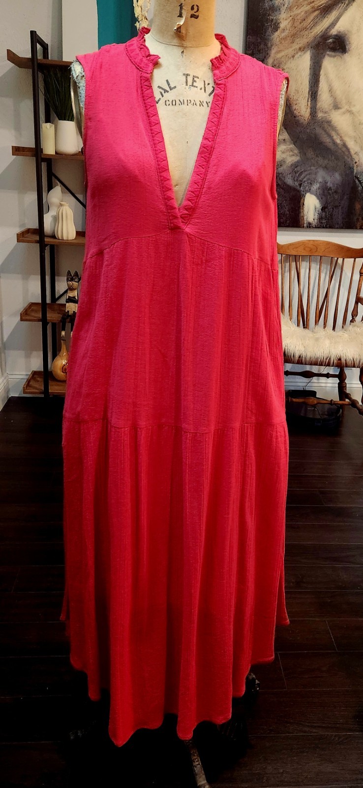 Sundance Red Cotton Gauze Maxi Dress – Embroidered V‑Neck – Sleeveless – Lined
