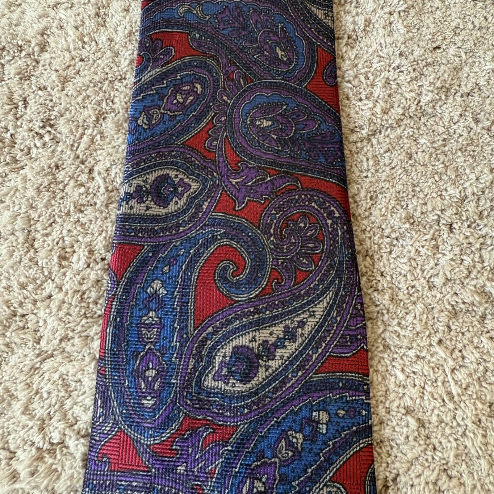 Mens Oversized Paisley Silk Necktie Red Blue Purple Woven Pattern 3.5×60 Tie