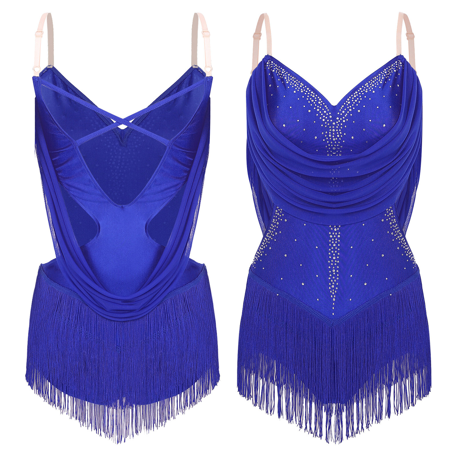 US Women’s Rhinestone Latin Dance Costume Ruched Mesh Tassel Jazz Dance Bodysuit