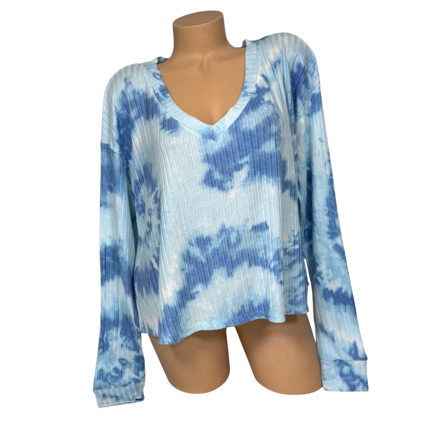 PINK Victoria’s Secret Tie Dye Ribbed V-Neck Long Sleeve Top Blue White Medium
