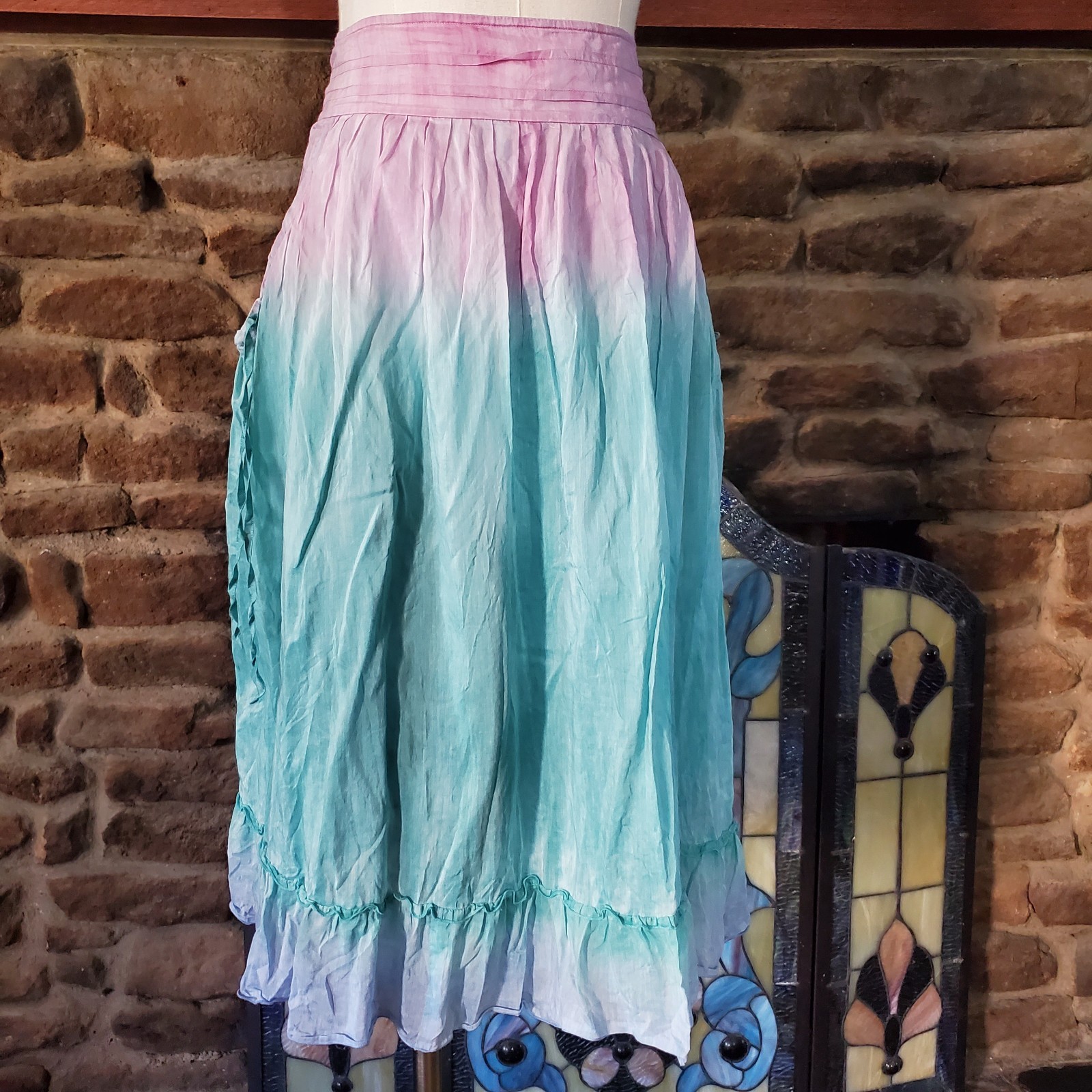 Cynthia Steffe Silk Cotton Midi Skirt 10 Ombre Dip Dye Pink Teal Pockets Ruffle