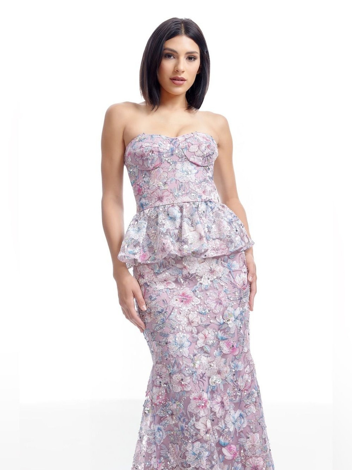 Dress the Population Scarlett Strapless Peplum Mermaid Gown Dusty Lavender S NWT