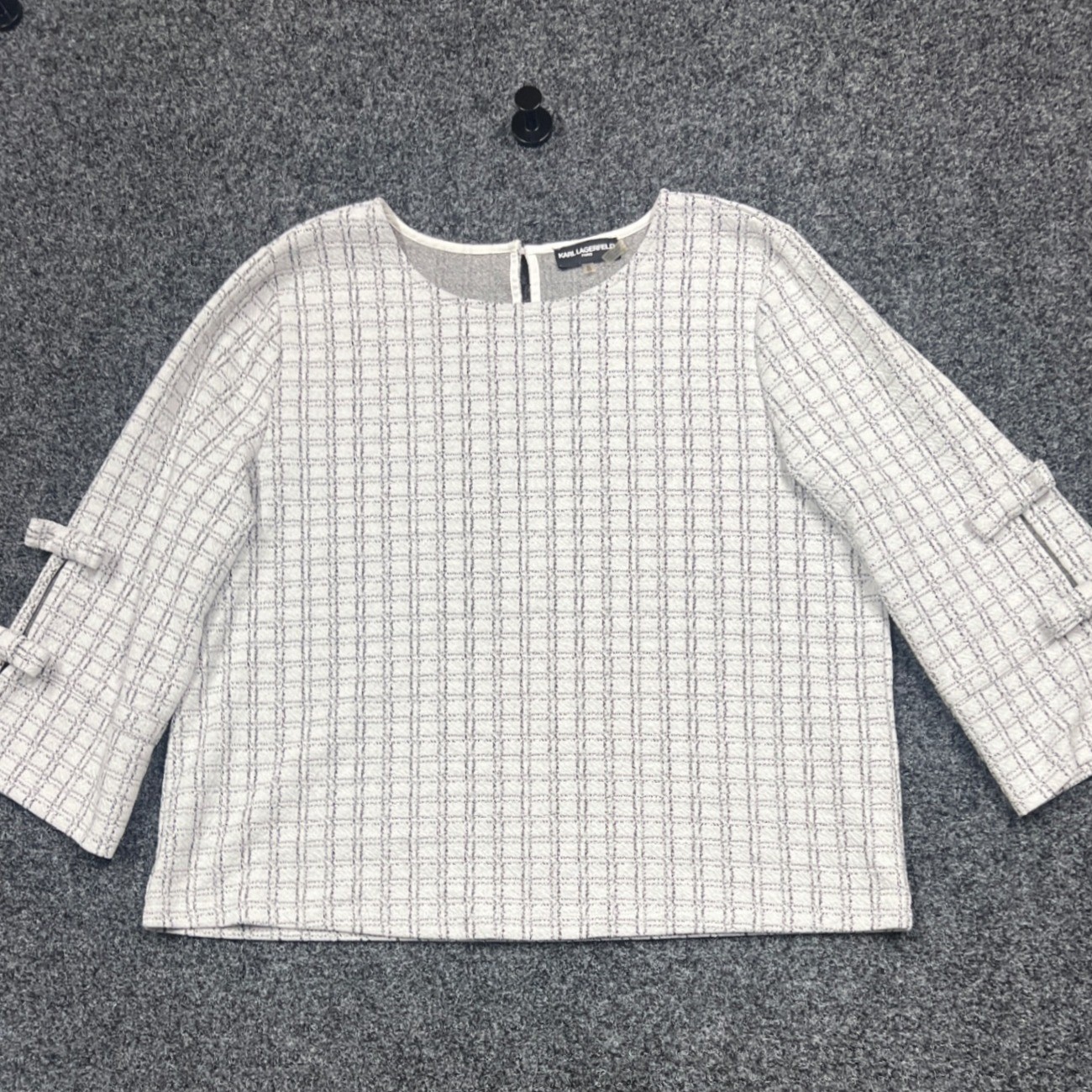 Karl Lagerfeld Paris XL White Black Grid Bow Sleeve Blouse Round Neck Top