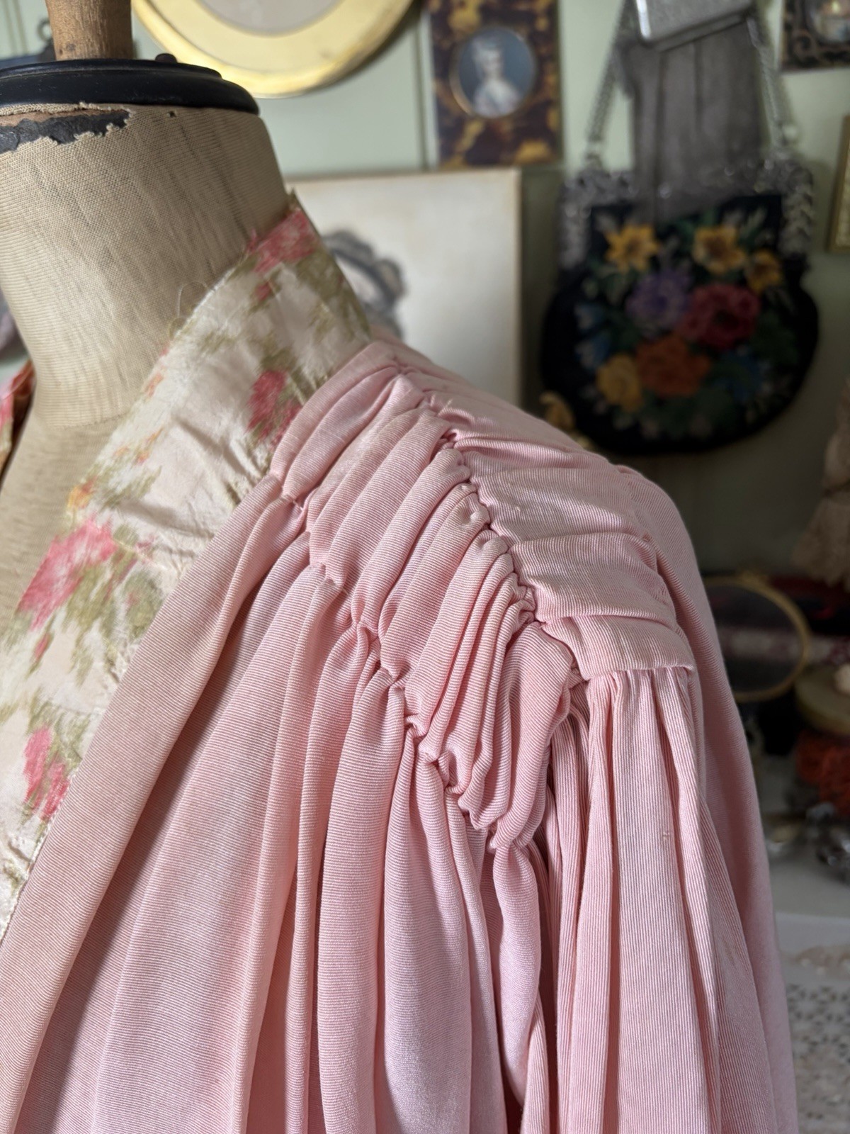 Antique Edwardian Dressing Gown Robe, Shirred Shoulders, Watered Roses Trim