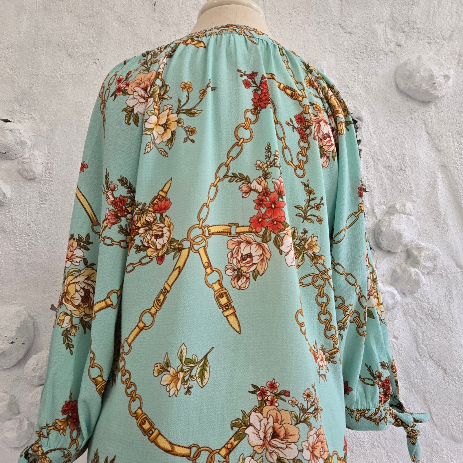 Fig and Flower Peasant Romantic Boho Floral Chain Baroque Tie Cuff Blouse Size M