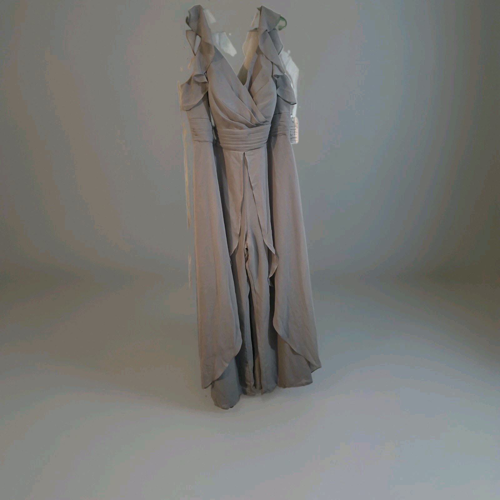 Gray Chiffon V-Neck Ruffle Lined Long Chiffon Jumpsuit Sleeveless Zip Formal 22W
