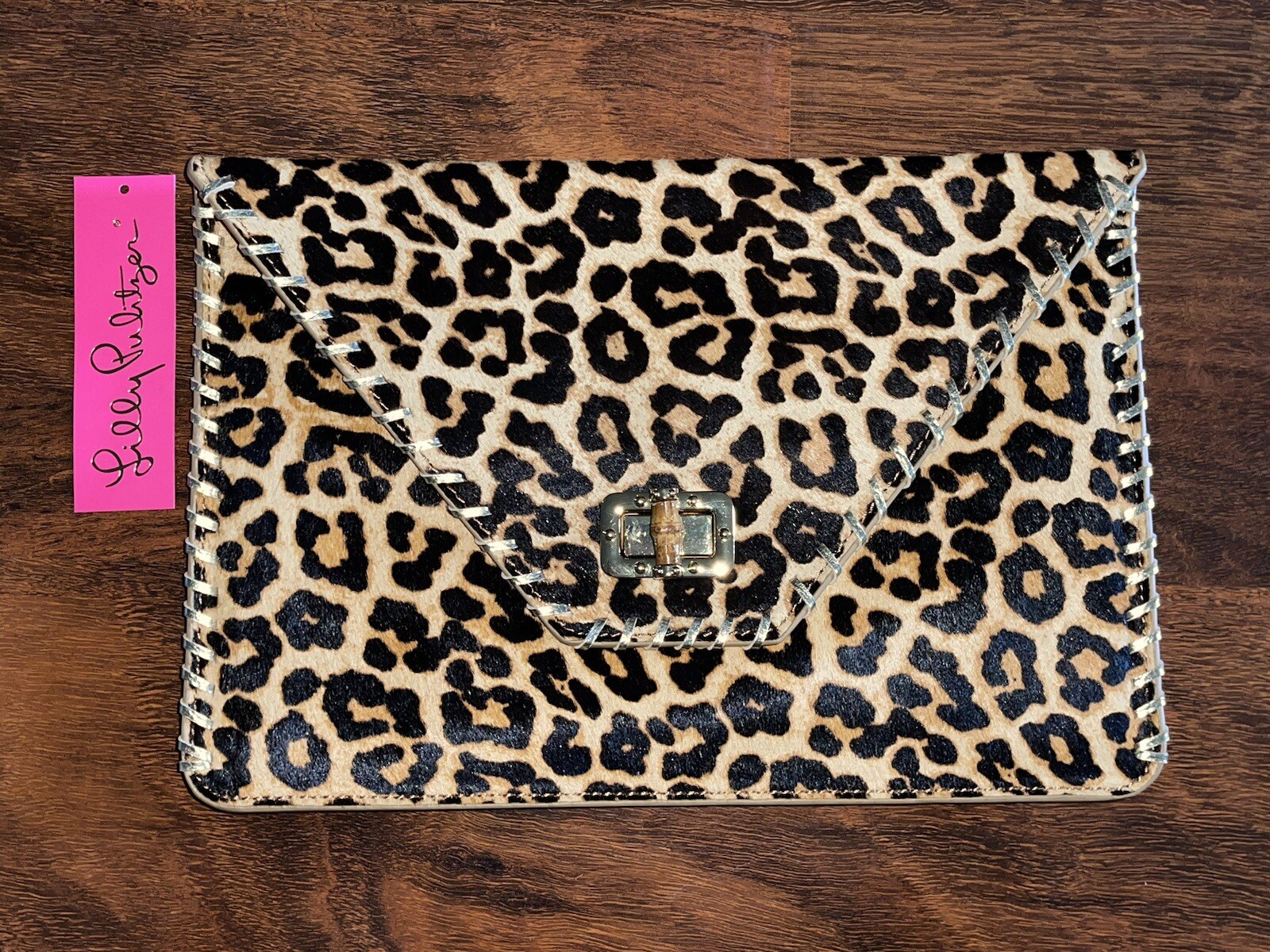 Lilly Pulitzer LEOPARD CELINA CLUTCH PURSE Envelope Handbag Gold Whipstitch NWT