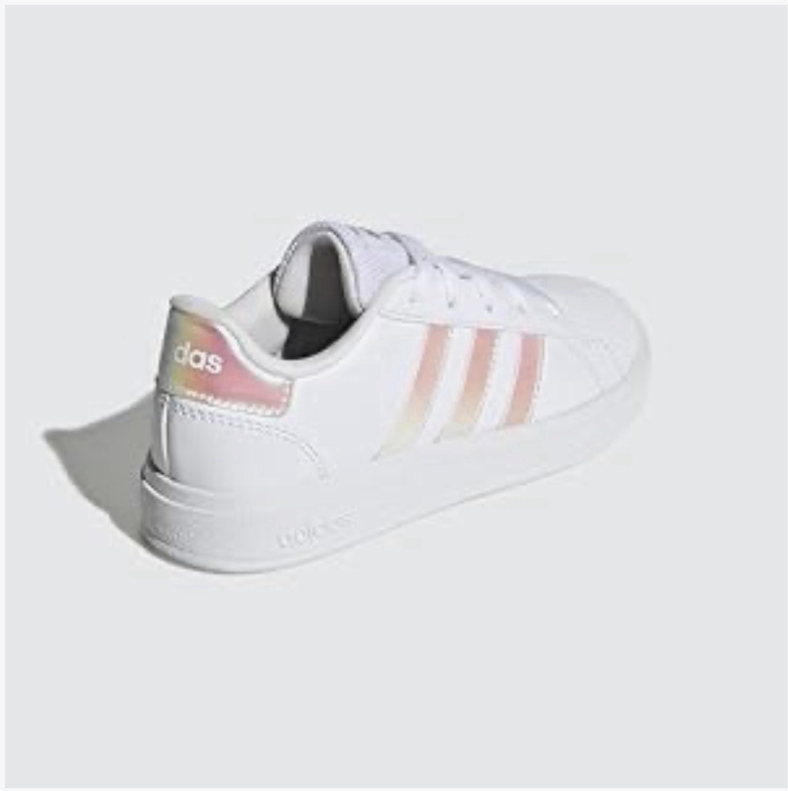 Size 7Y – Adidas Grand Court 2.0 Kids White Iridescent Reflective Logo Sneakers