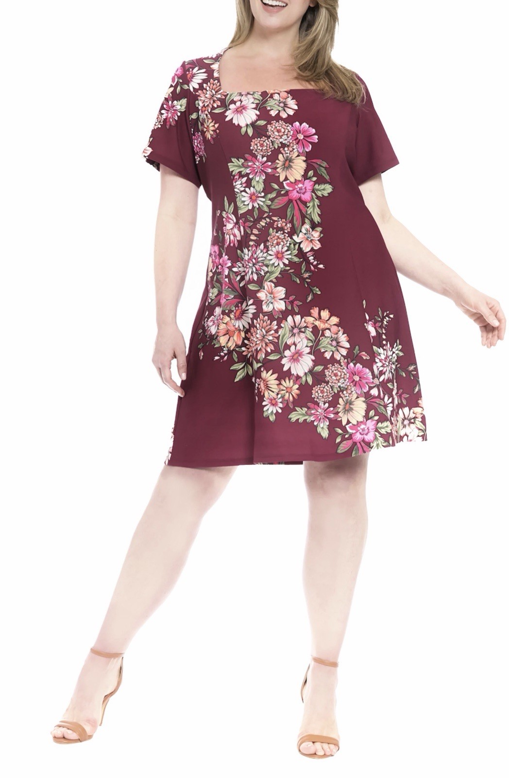London Times New Women Plus Size Square Neck Floral Plum Fit and Flare Dress 14W