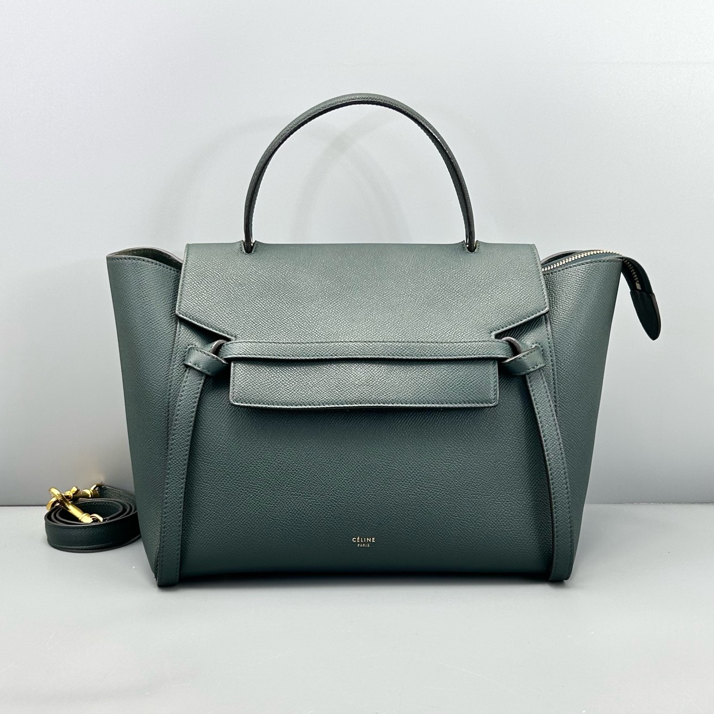 AUTH CELINE Belt Bag Medium Dark Green Leather Top Handle Handbag.