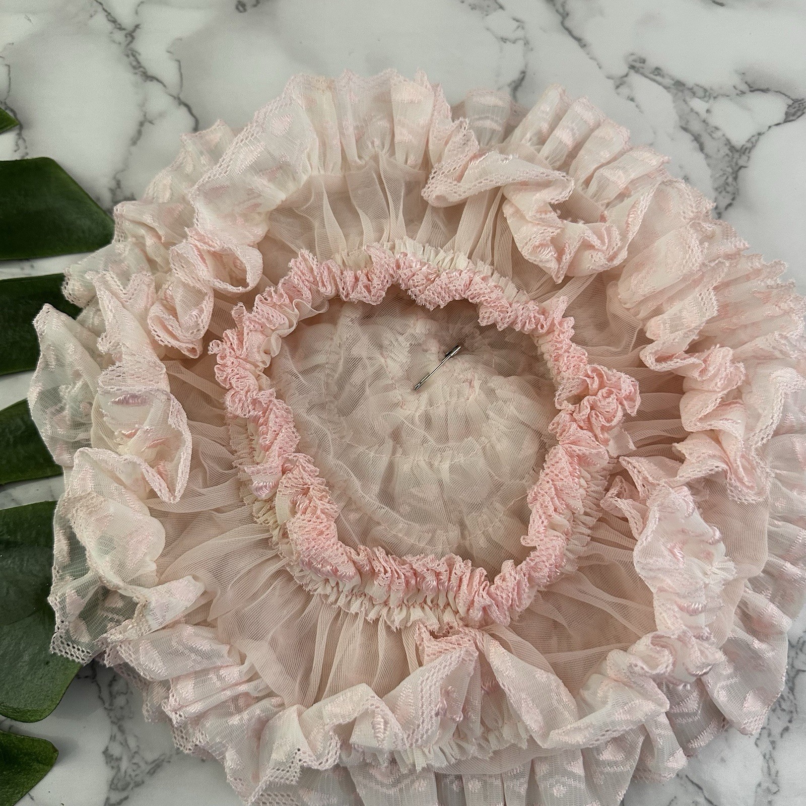 Vintage 60s Ruffle Bonnet Night Cap Hat One Size Pastel Pink Lace Frills