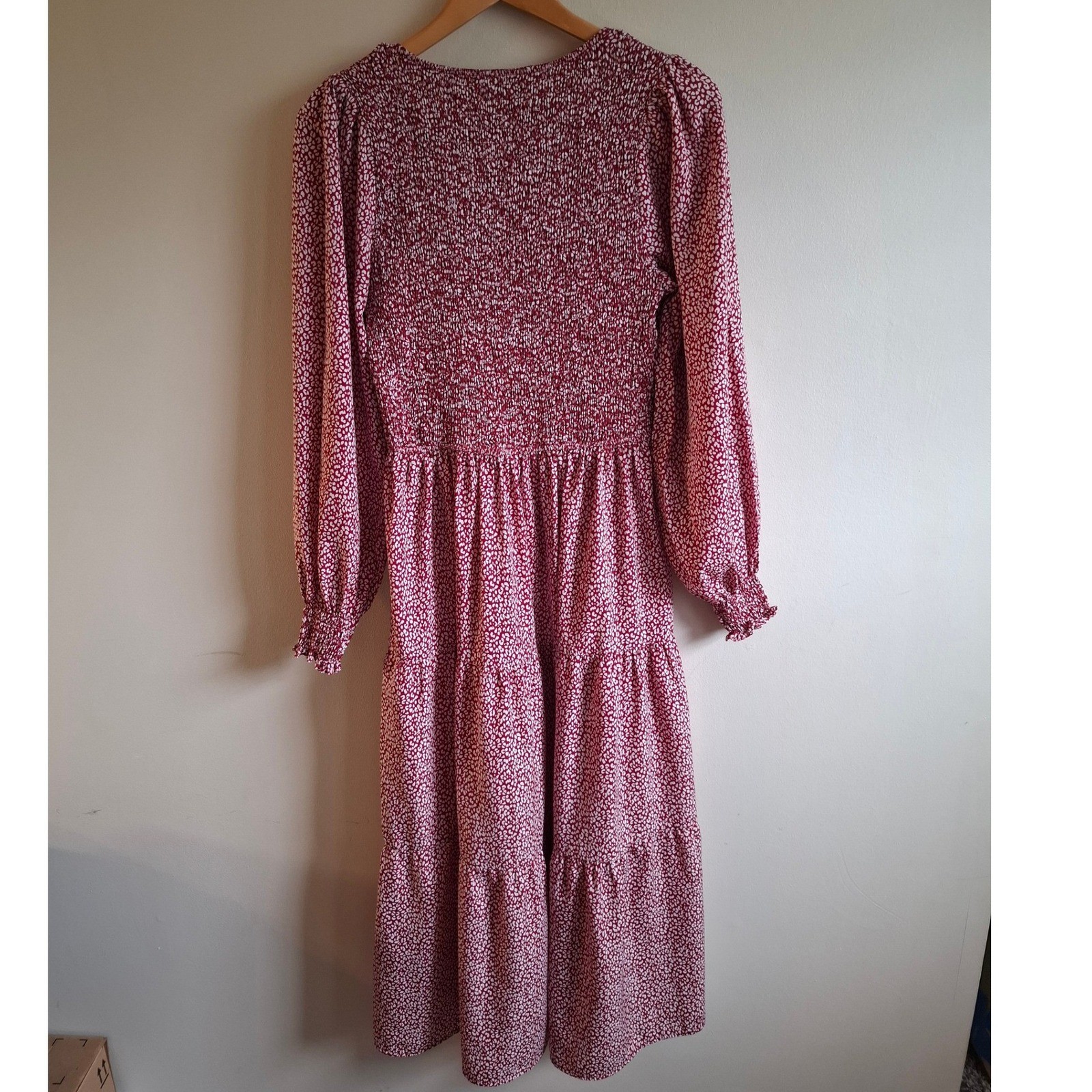 Red Cottagecore Abstract Animal Print Smocked Long Sleeve Maxi Dress Boho Sz XL