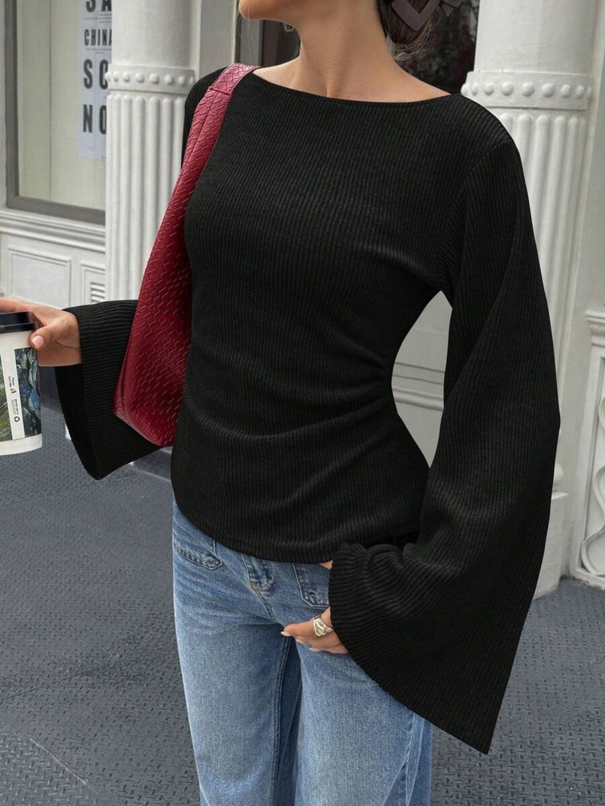 The Pulsar Ribbed & Flared Long Sleeve Top with Ruched Detail