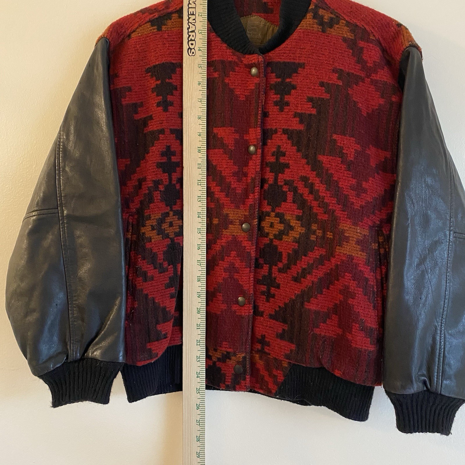 Vintage 90s Woolrich Aztec Jacket Bomber Wool Small USA Southwestern Leather 80s