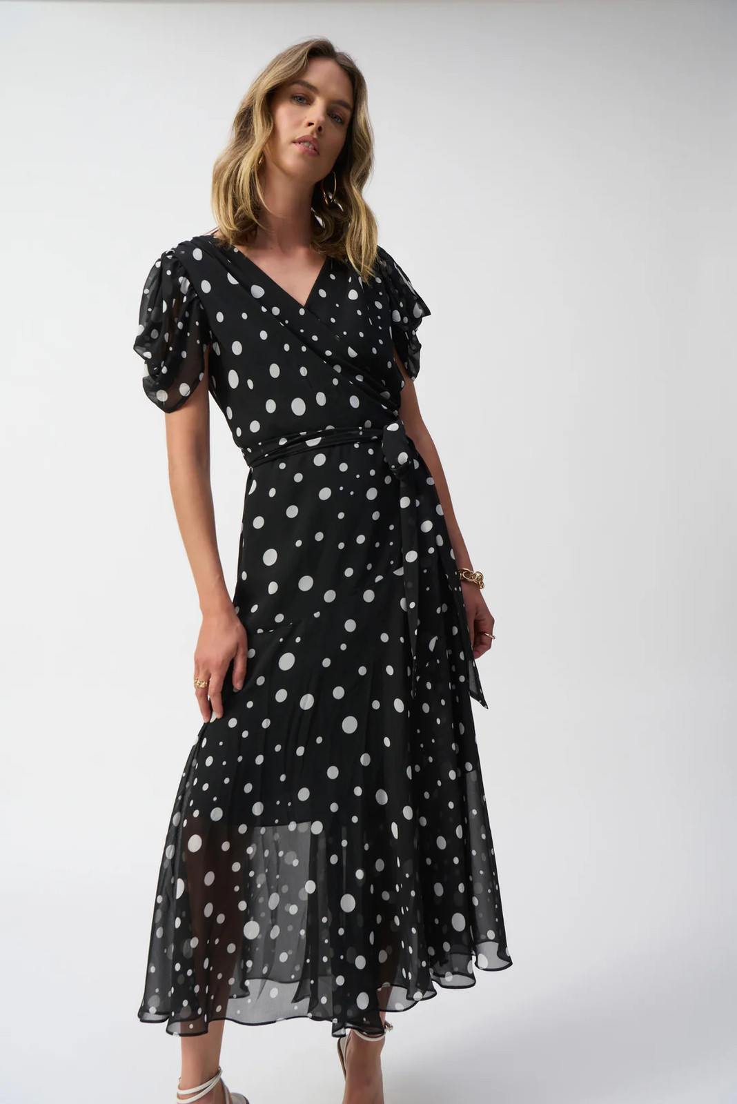 Joseph Ribkoff Black/Vanilla Dot Chiffon Belted Wrap Dress 251907