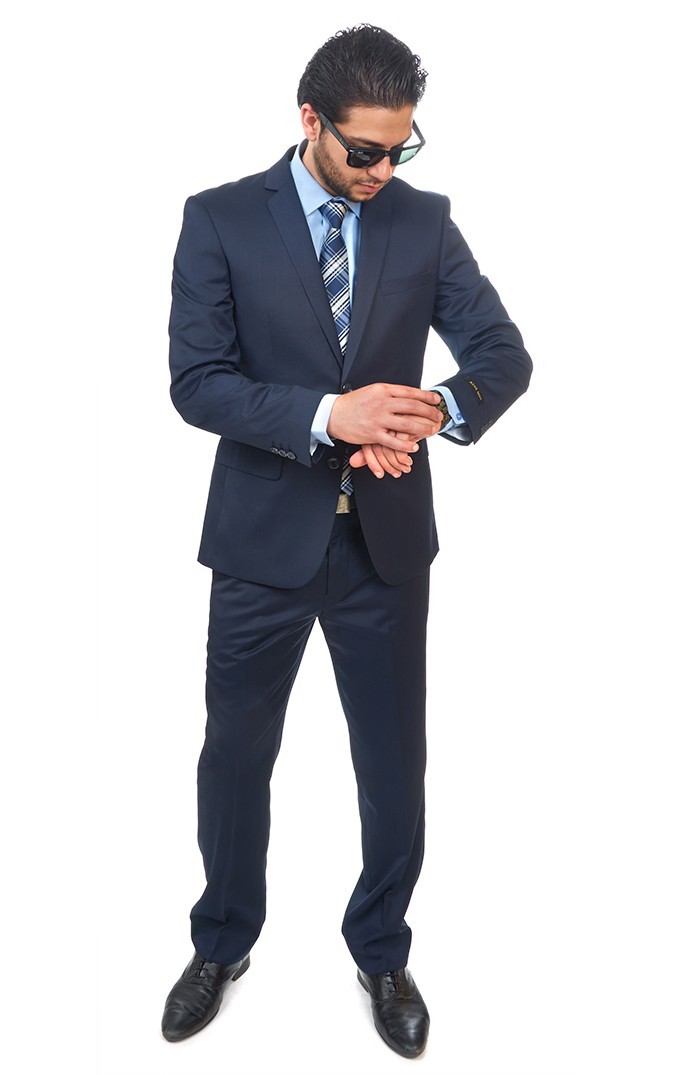Slim Fit Men Suit 2 Button Navy Blue Notch Lapel Flat Front Pants By AZAR MAN