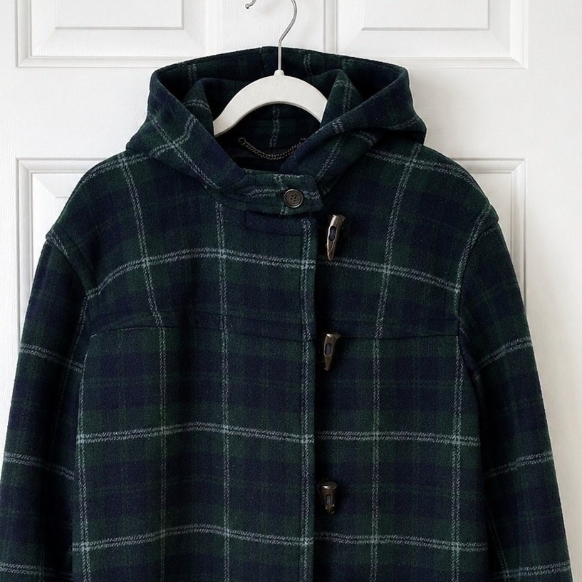 J.Crew Wool-Blend Hooded Toggle-Button Duffle Coat – Black Watch Plaid – Size 2