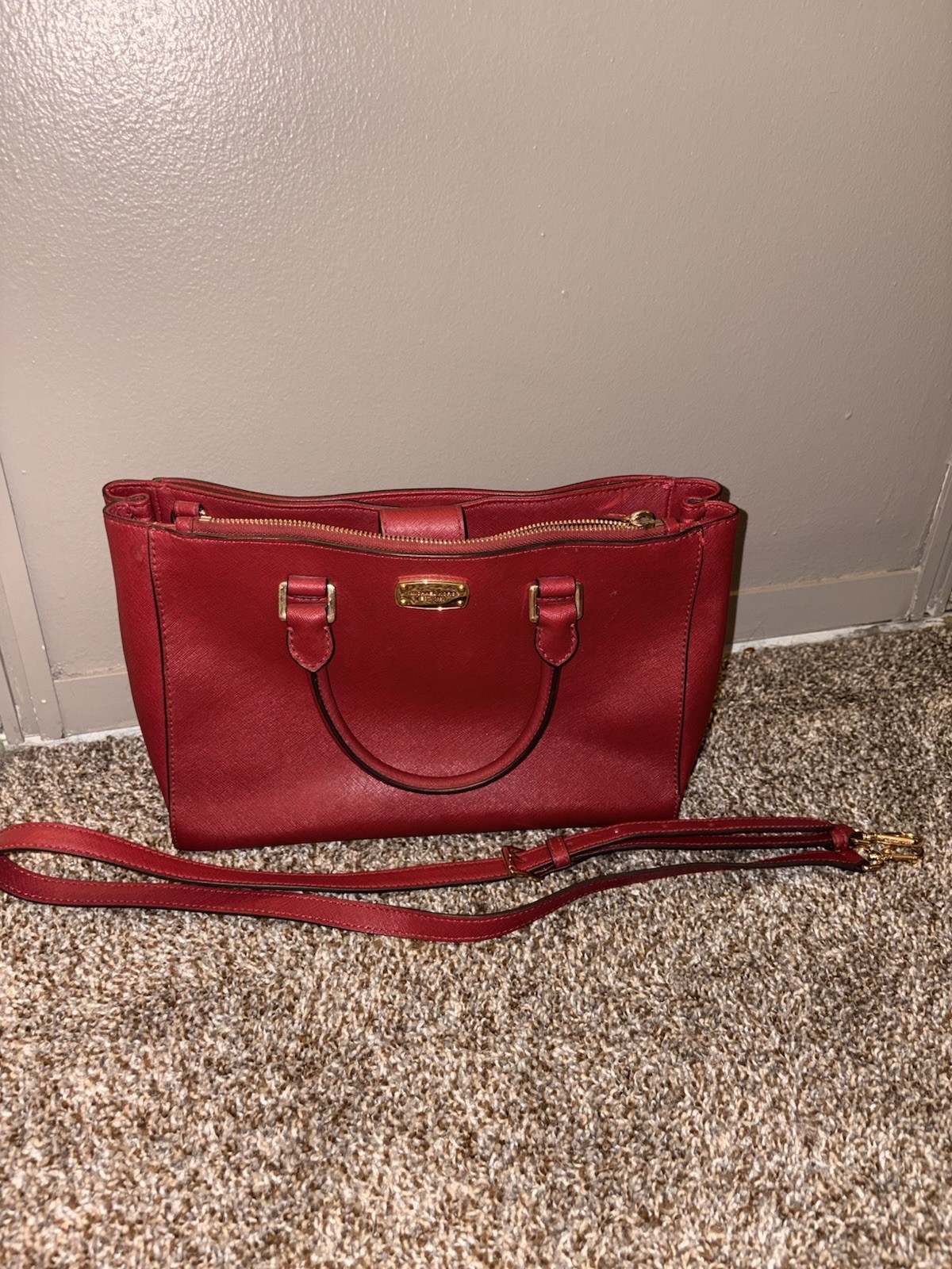 Michael Kors Red Zip-Top Satchel Top Handle Bag, Adjustable Detachable Strap