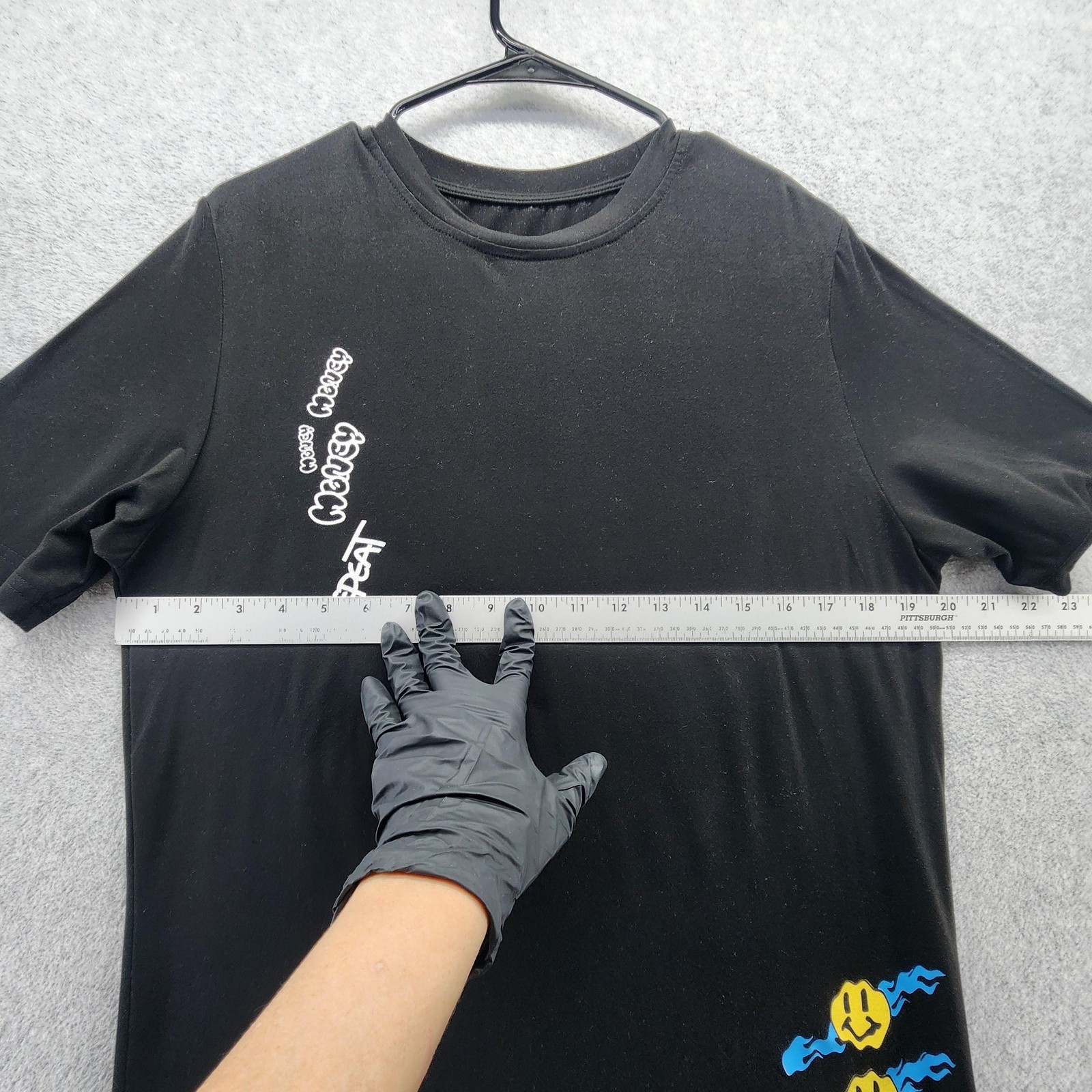 SHEIN Shirt Mens Small Black Graphic Money Repeat Smile Flame Earth Tee