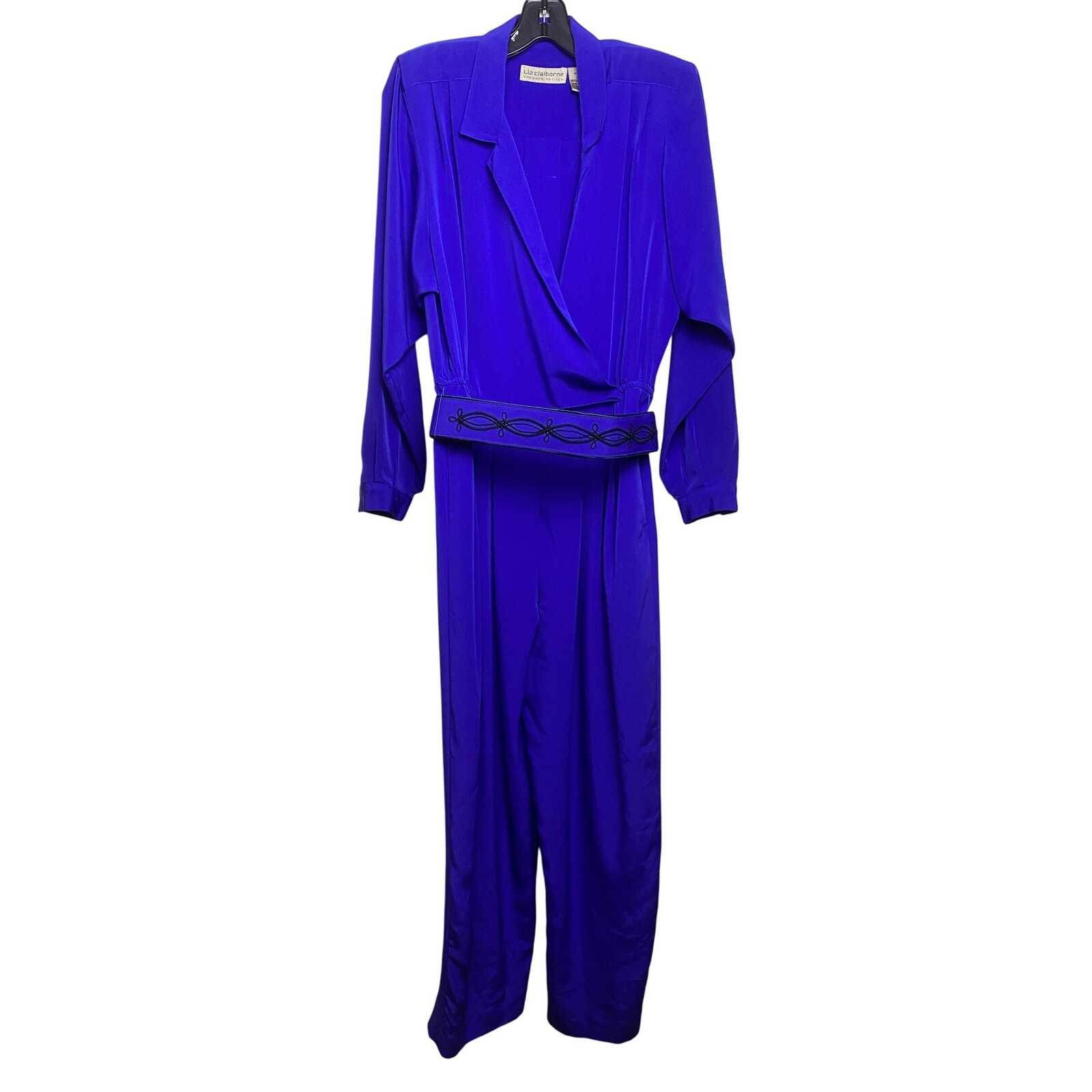 Vintage Liz Claiborne Jumpsuit Women Petite 10 Bluish-Purple Embroidered Belt