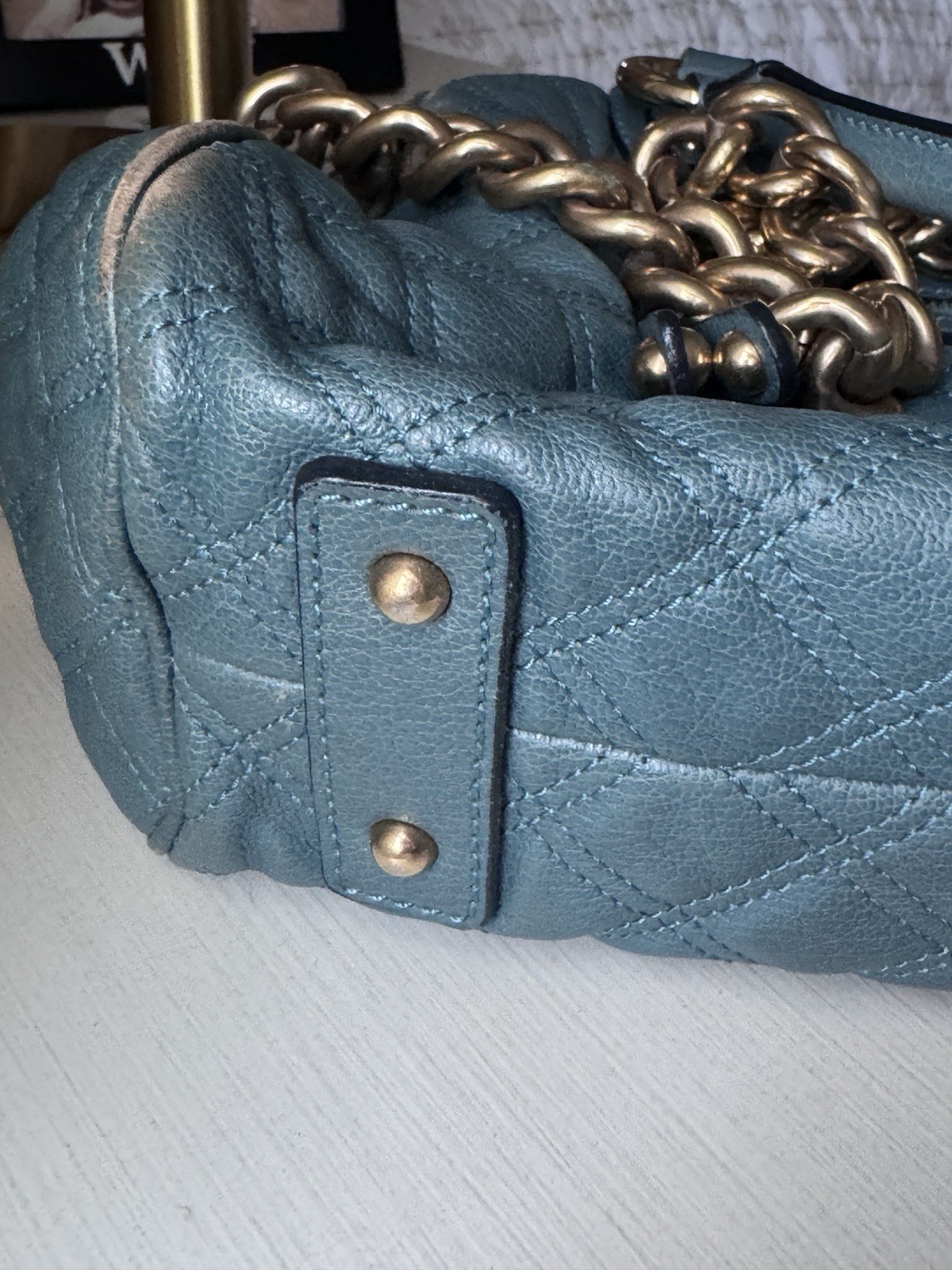 Marc Jacobs Large Blue/Green Quilted Leather Stam Bag with Gold Chain