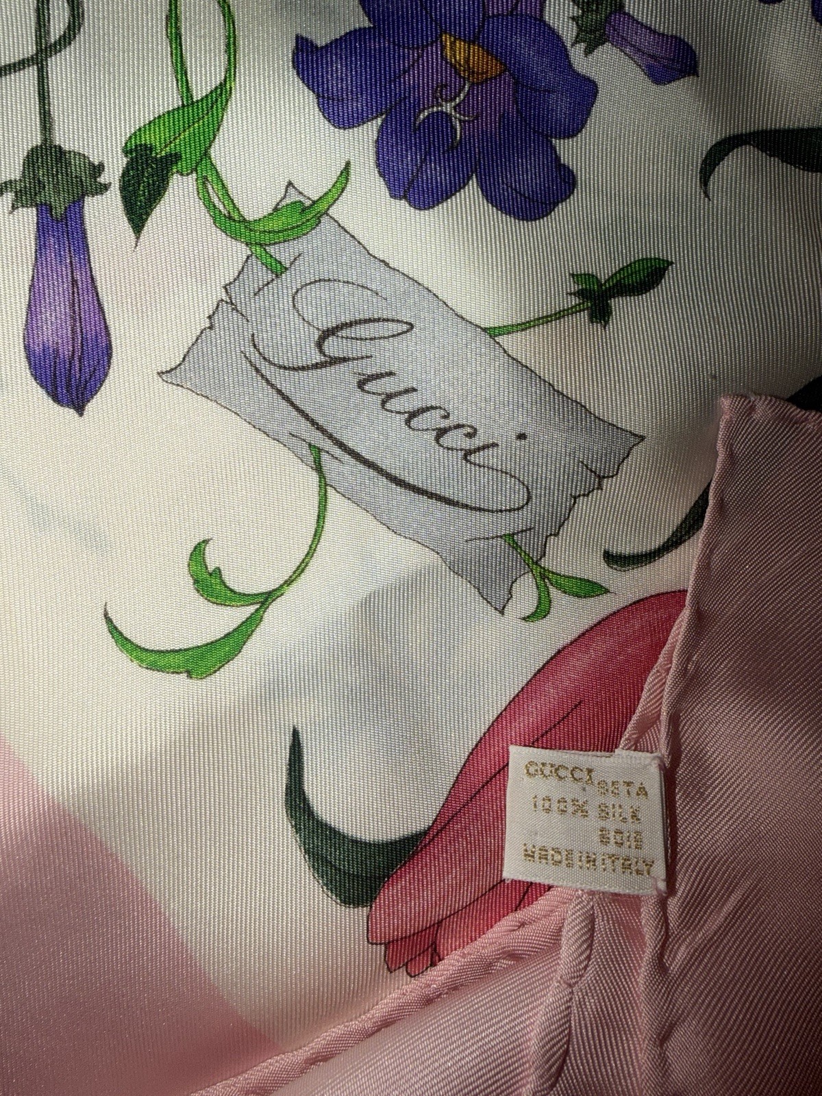 Gucci Floral Multicolor Silk Satin Square Scarf w/ Logo Accents