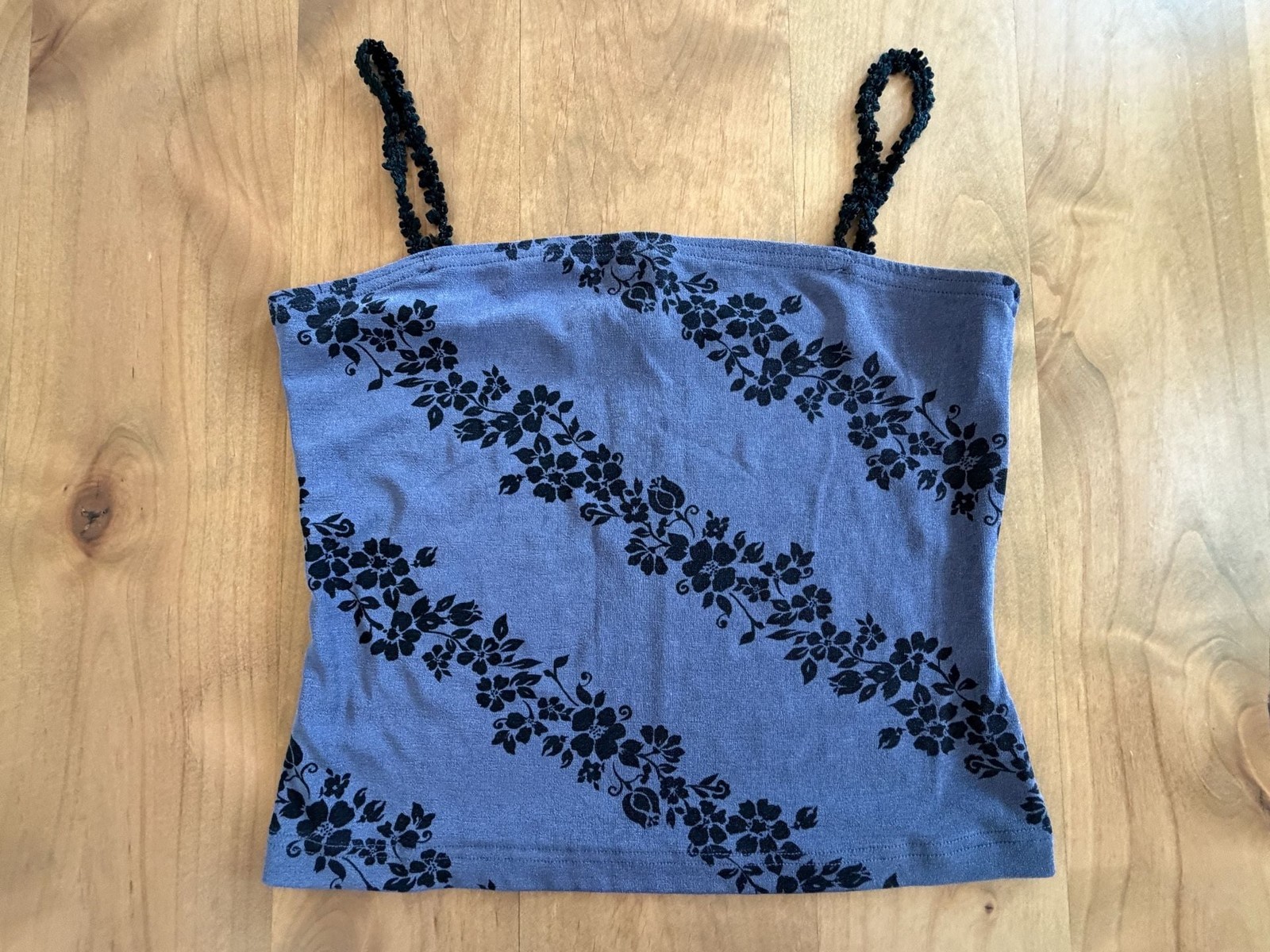 Ecru Y2K Floral Printed Blue Cami Top with Rosette Trim Straps