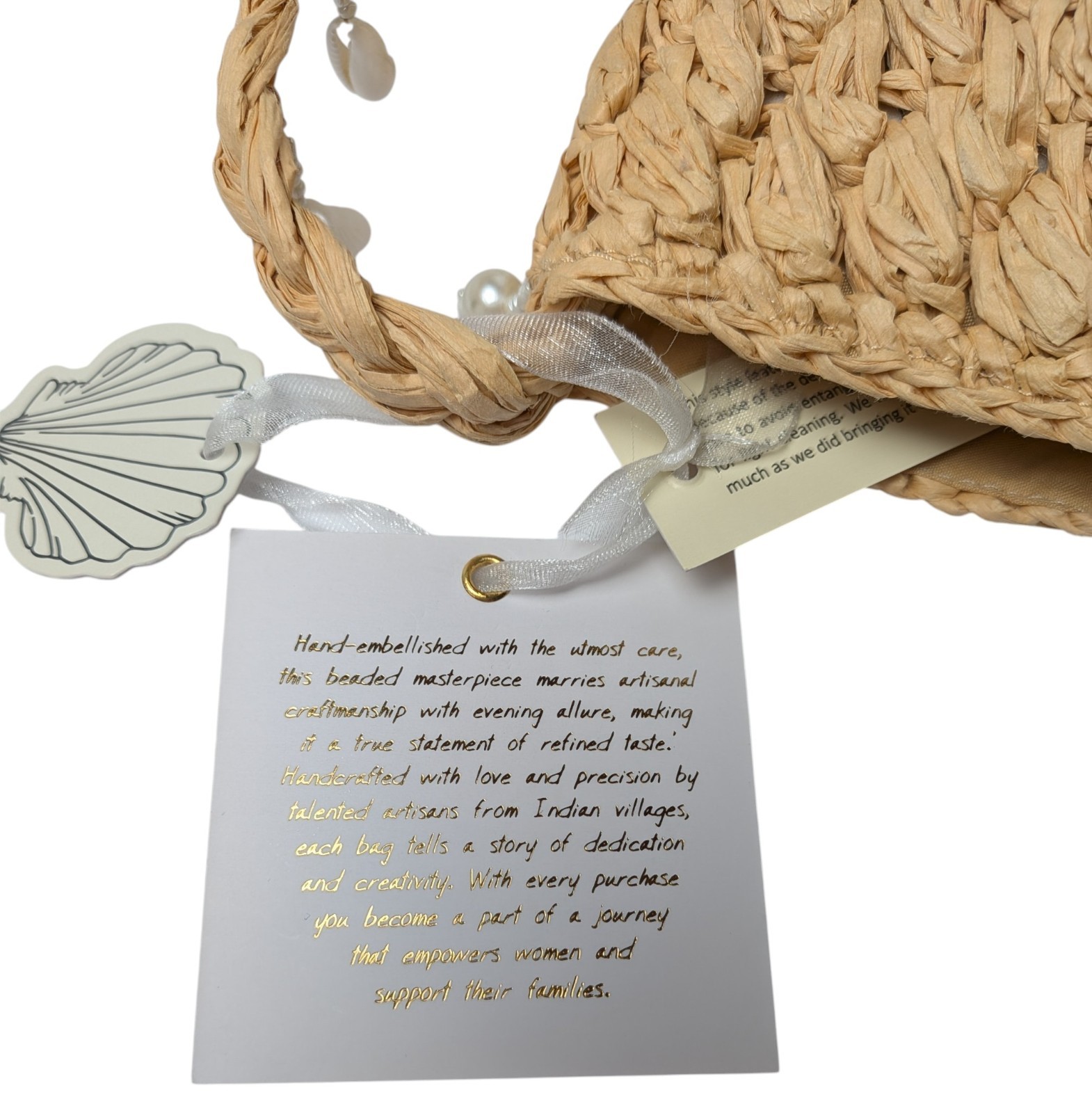 NWT From India To You Brand Artisan Lt Tan Raffia Genuine Shell Bead Accents Bag