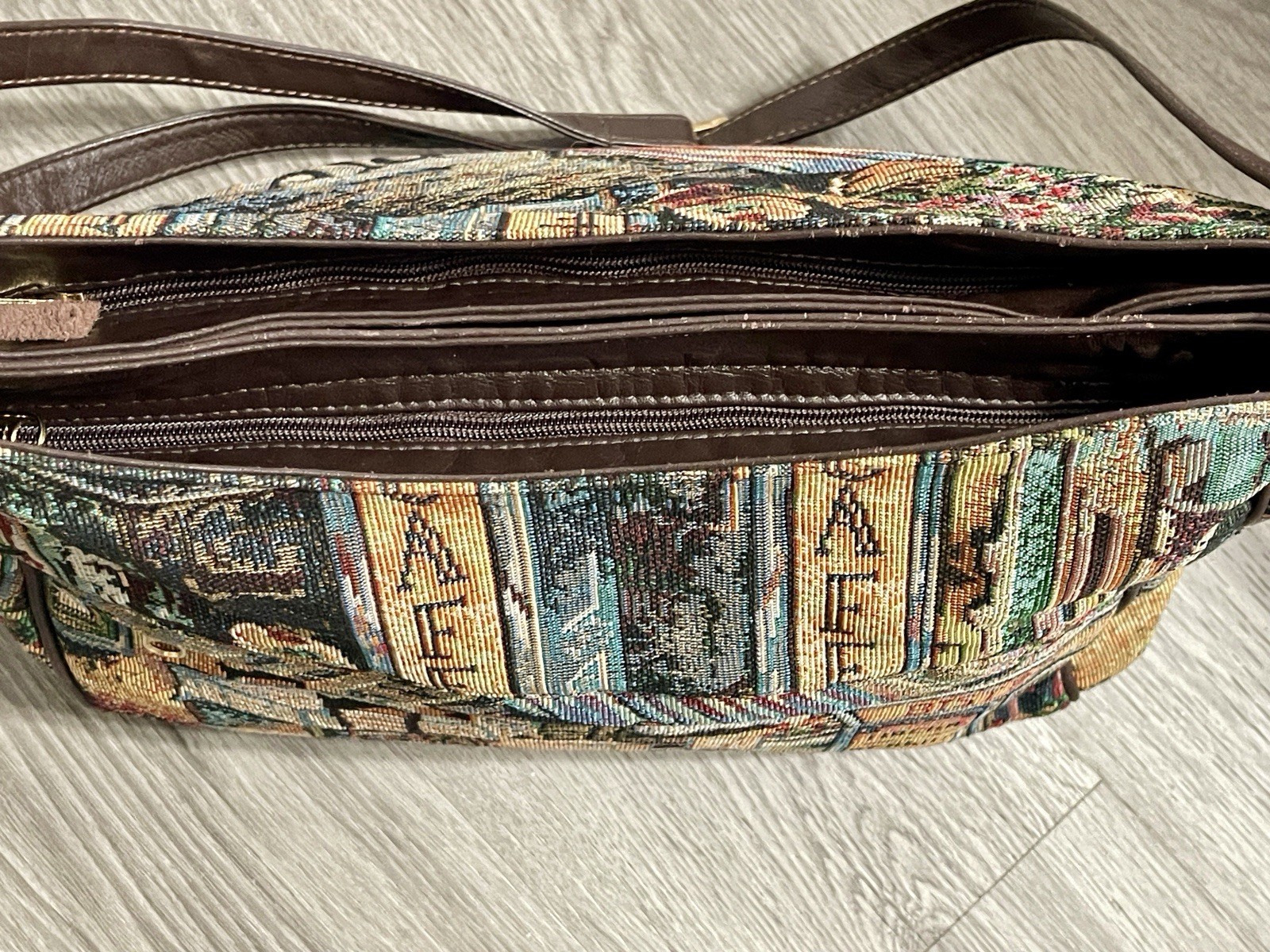 Vintage Sas Needlepoint Tapestry Shoulder Bag Purse Cafe Scene Boho Western