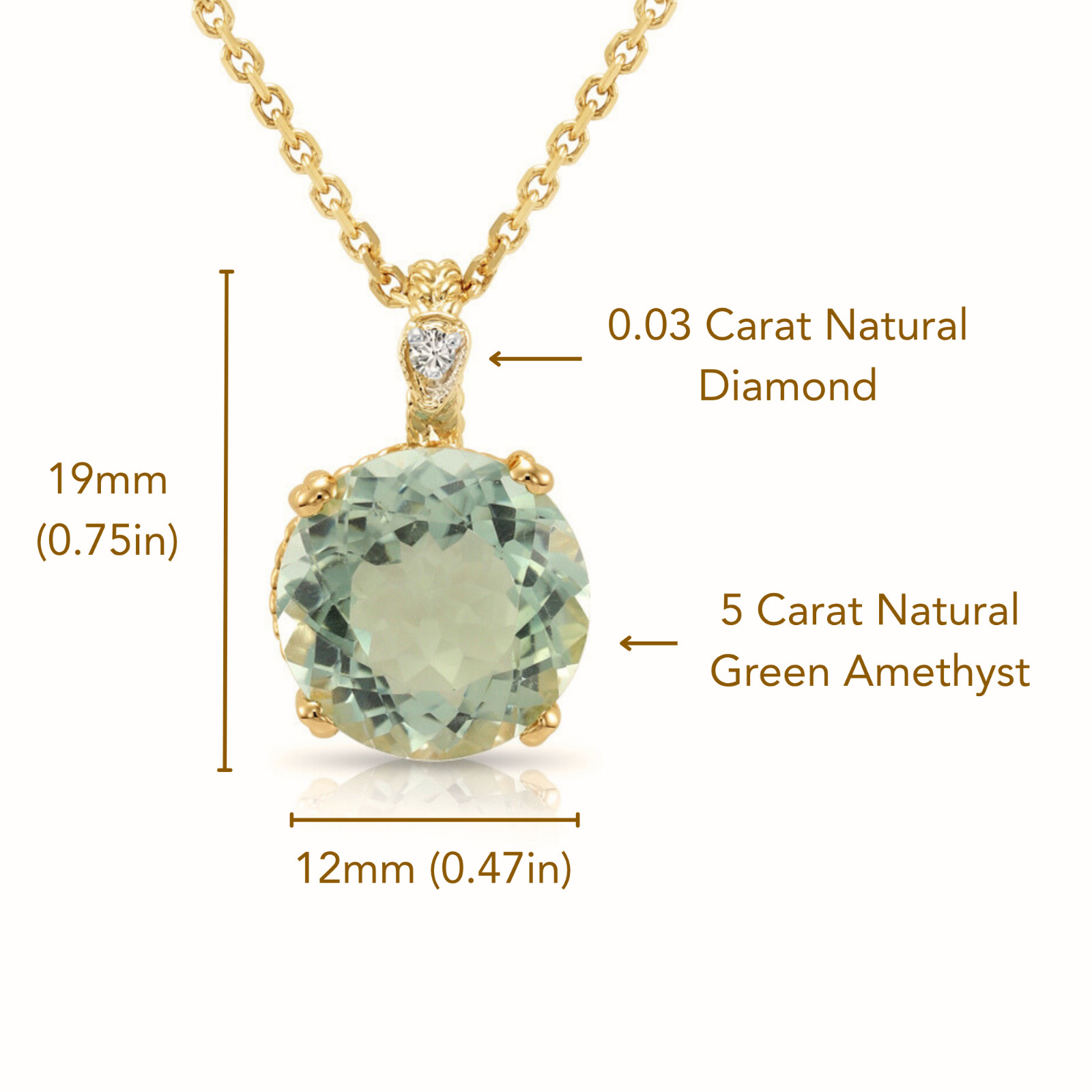 14K Solid Yellow Gold 5Ctw Natural Green Amethyst Gemstone Pendant Necklace 18in