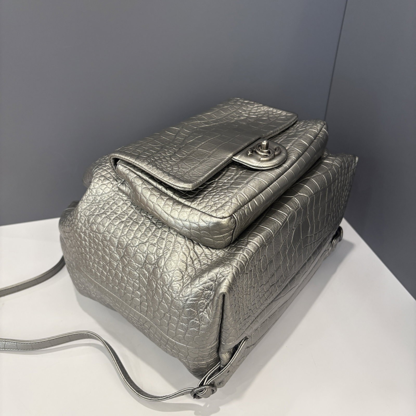 Chanel Backpack Silver Calfskin Crocodile Embossed (hs021026a4)
