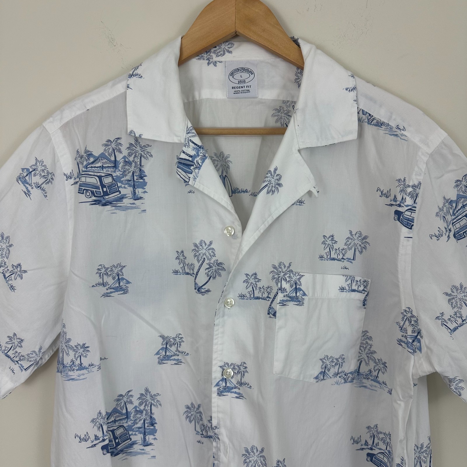 Brooks Brothers Hawaiian Camp Loop Shirt Blue Palm Tree Surfboard Regent Mens L