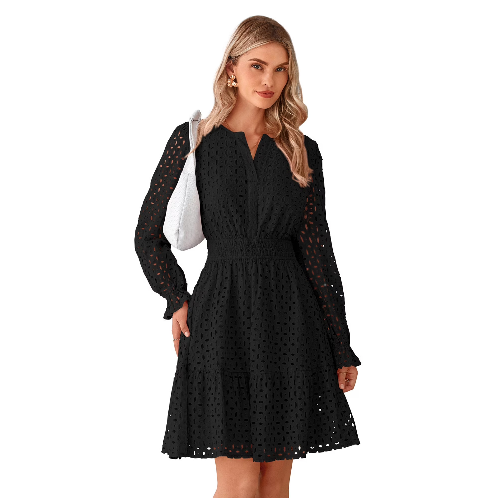 PRETTYGARDEN Women’s Long Sleeve Eyelet Mini Dress, Size S, Black, Modern Fit