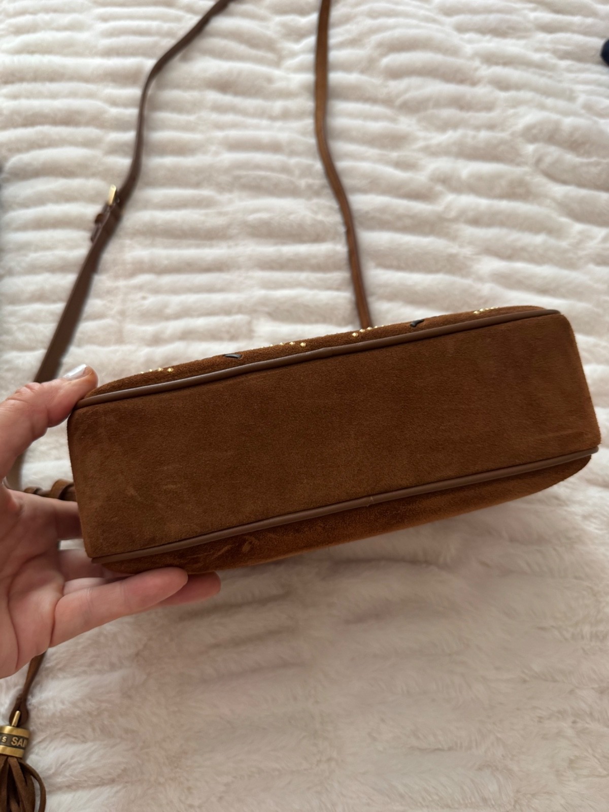YSL LOU CAMERA BAG IN QUILTED YUMMY SUEDE. Gold bead accents and Whipstitched
