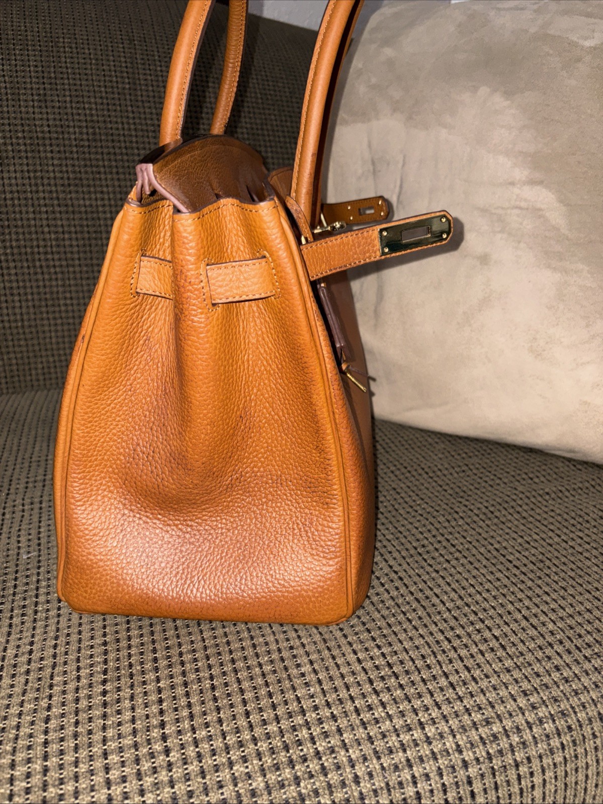 100% Genuine Bonded Leather Structured Satchel Tote Brown Gold Lock Large Bag