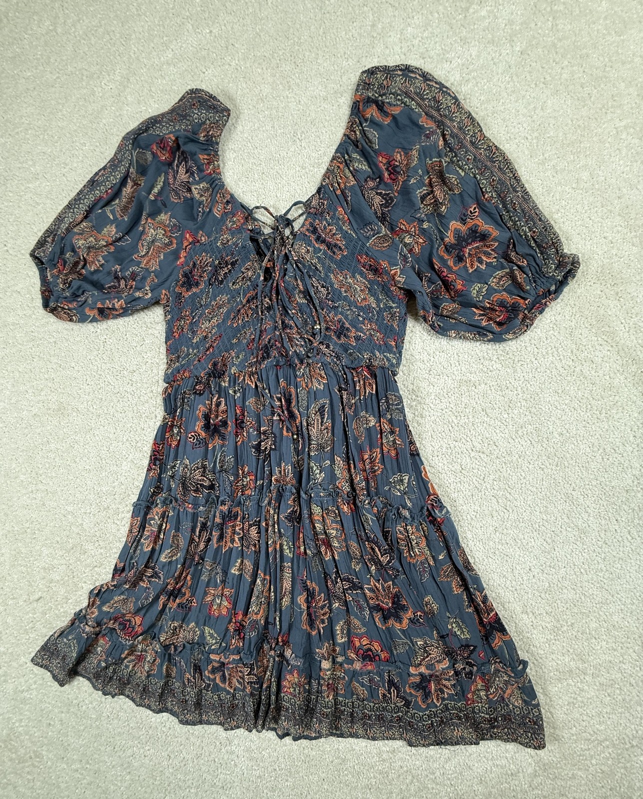 Angie Dress Womens Large Blue Floral Boho Sundress Smocked V Neck Balloon Sleeve