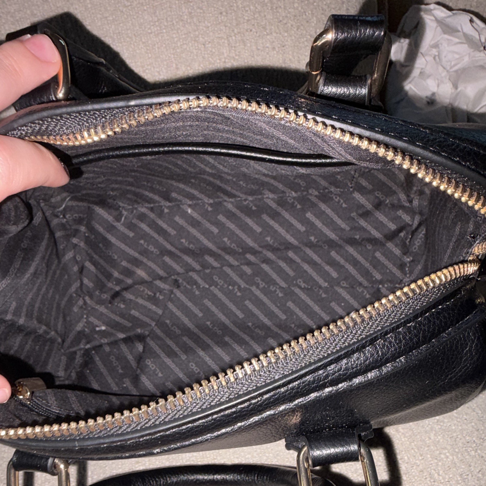 ALDO Black Small Satchel Top Handle Bag, Zip Closure, Detachable Strap